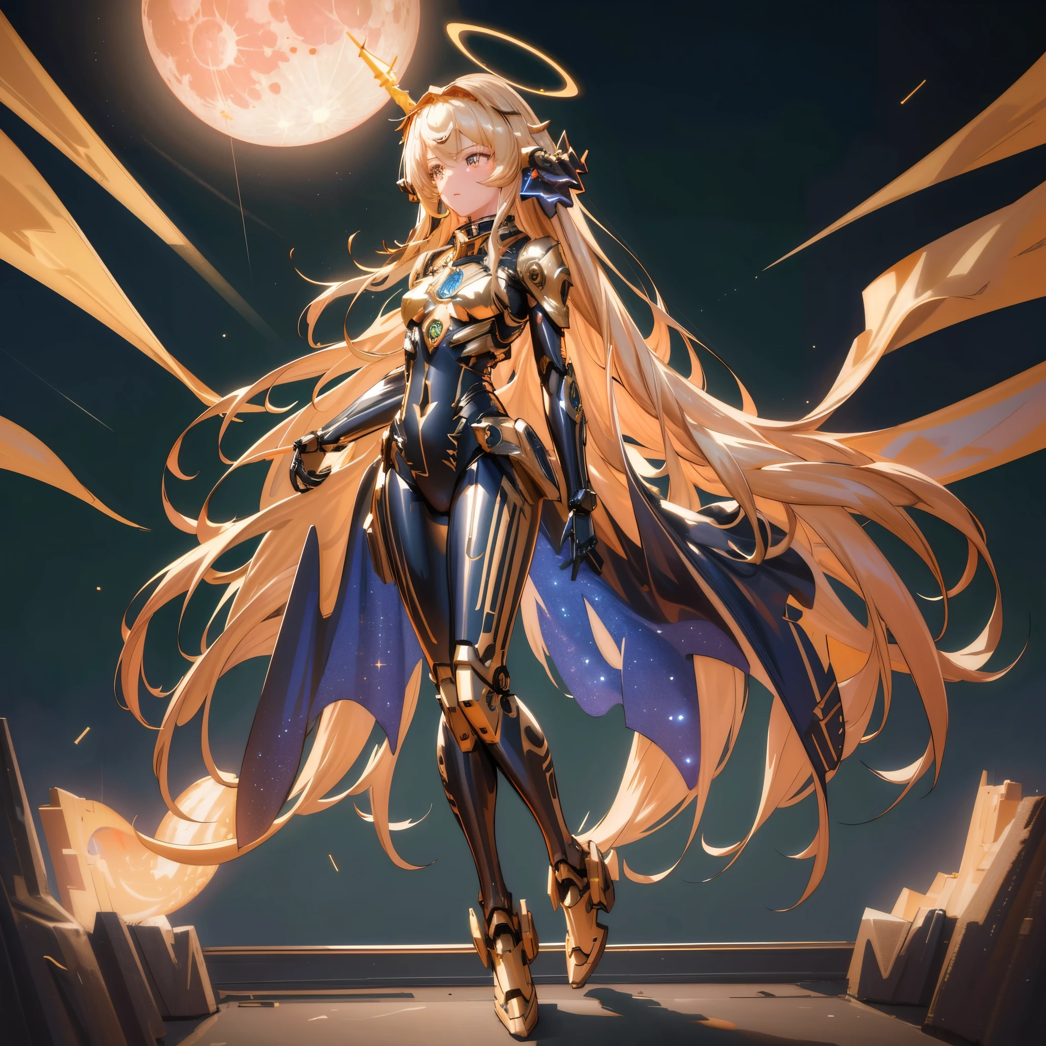 masterpiece,photorealistic,realistic,best quality,highres,extremely detailed CG wallpaper,detailed face,1girl,very long hair,floating hair,small breasts,full body,bokeh,cinematic lighting,chiaroscuro,mecha musume, headgear,mechanical arms, bodysuit,moon,starry sky,galaxy,mechanical horns,mechanical halo,