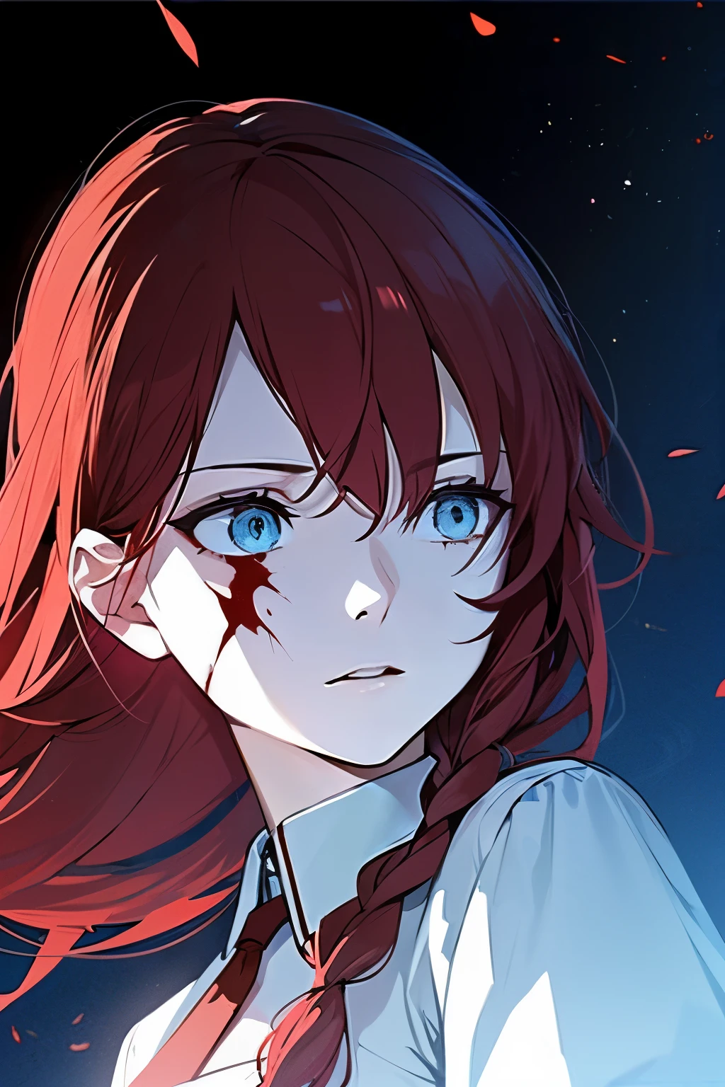A girl, white eyes, black and red hair, long light blue dress with blood, psychotic look, beautiful face, in the background a destroyed medieval city, blue skin, best quality, masterpiece, hairstyle with double braids