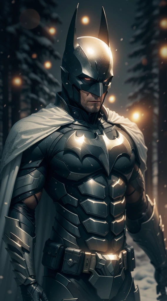 Batman full body on a white, gold armor suit, on a black snow forest, snow falling over the armor, the sin shines over the armor suit, hyper realistic, photorealistic, 8K, an award winning photo