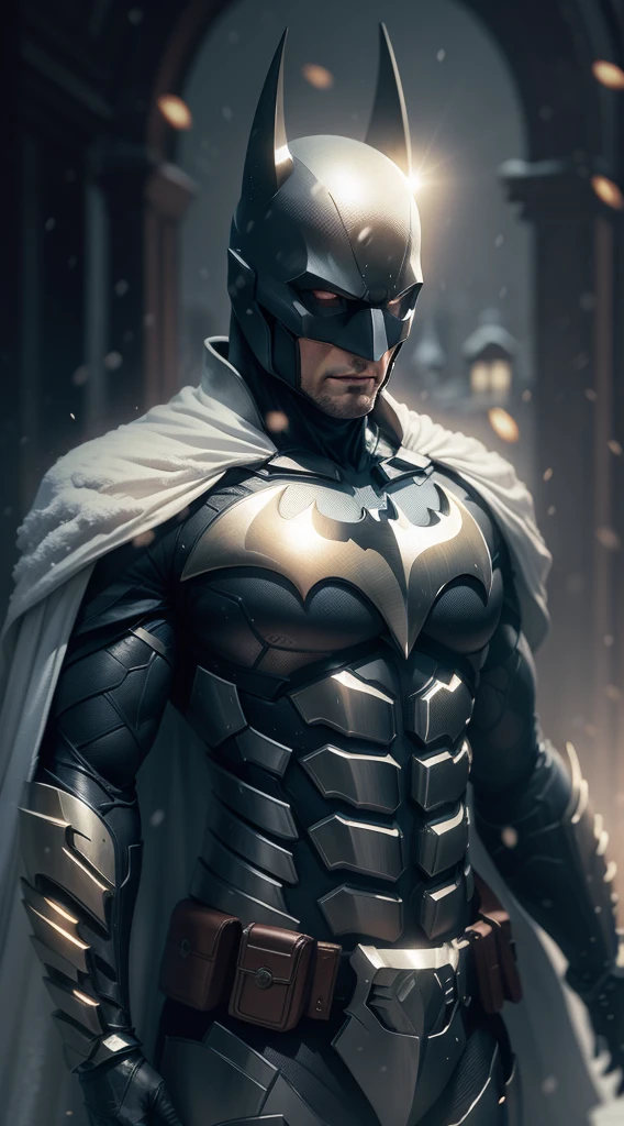 Batman full body on a white, gold armor suit, on a black snow forest, snow falling over the armor, the sin shines over the armor suit, hyper realistic, photorealistic, 8K, an award winning photo