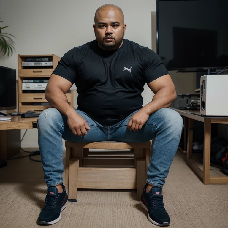 hasilkan imej realistik seorang lelaki botak, medium overweight  berjambang nipis sedang duduk di livestreaming workstation menampakkan mirrorless, mikrofon kondenser dan set komputer peribadi. latar belakangnya adalah profile page " facebook' dan tertera nama profile adalah " Jorasmin Isa". watak lelaki itu berbaju hitam dengan  tulisan "Sir Jorasmin", seluar jeans biru dan berkasut puma warna merah. imej adalah 4k.