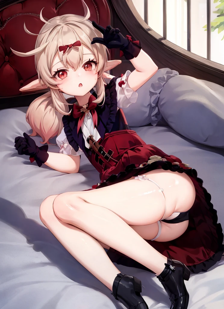 , lay upright on the bed, underwear, panties