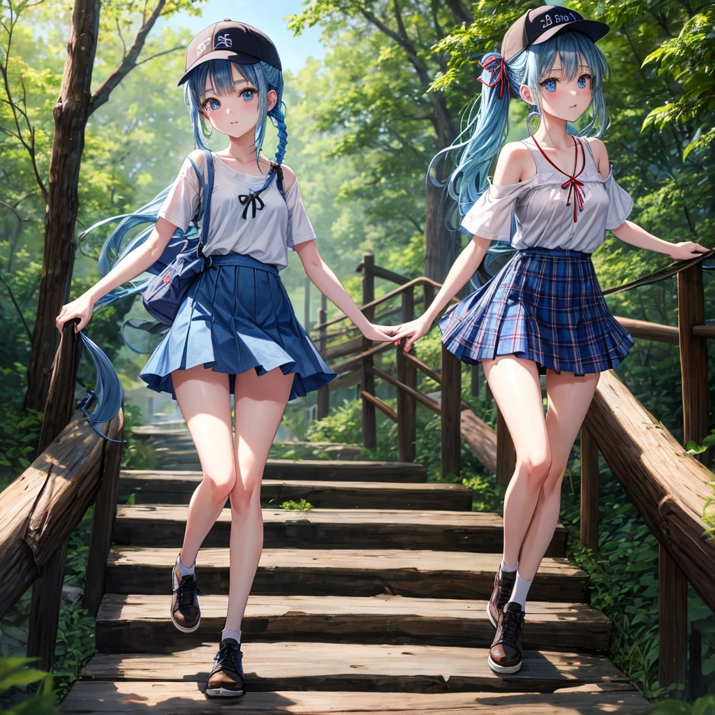 Blue hair、blue eyess、Braids、poneyTail、one good looking girl、独奏、animesque、Plaid miniskirt、Black T-shirt、camisole、the woods、Wearing a plaid baseball cap、bare-legged、Tilting your face、Walking、Crossing a log bridge while keeping balance、Doing the ribbon、have a twig、climbing the wooden stairs、falls、Blue Topaz、Sunset sky、Wearing headphones、spirals