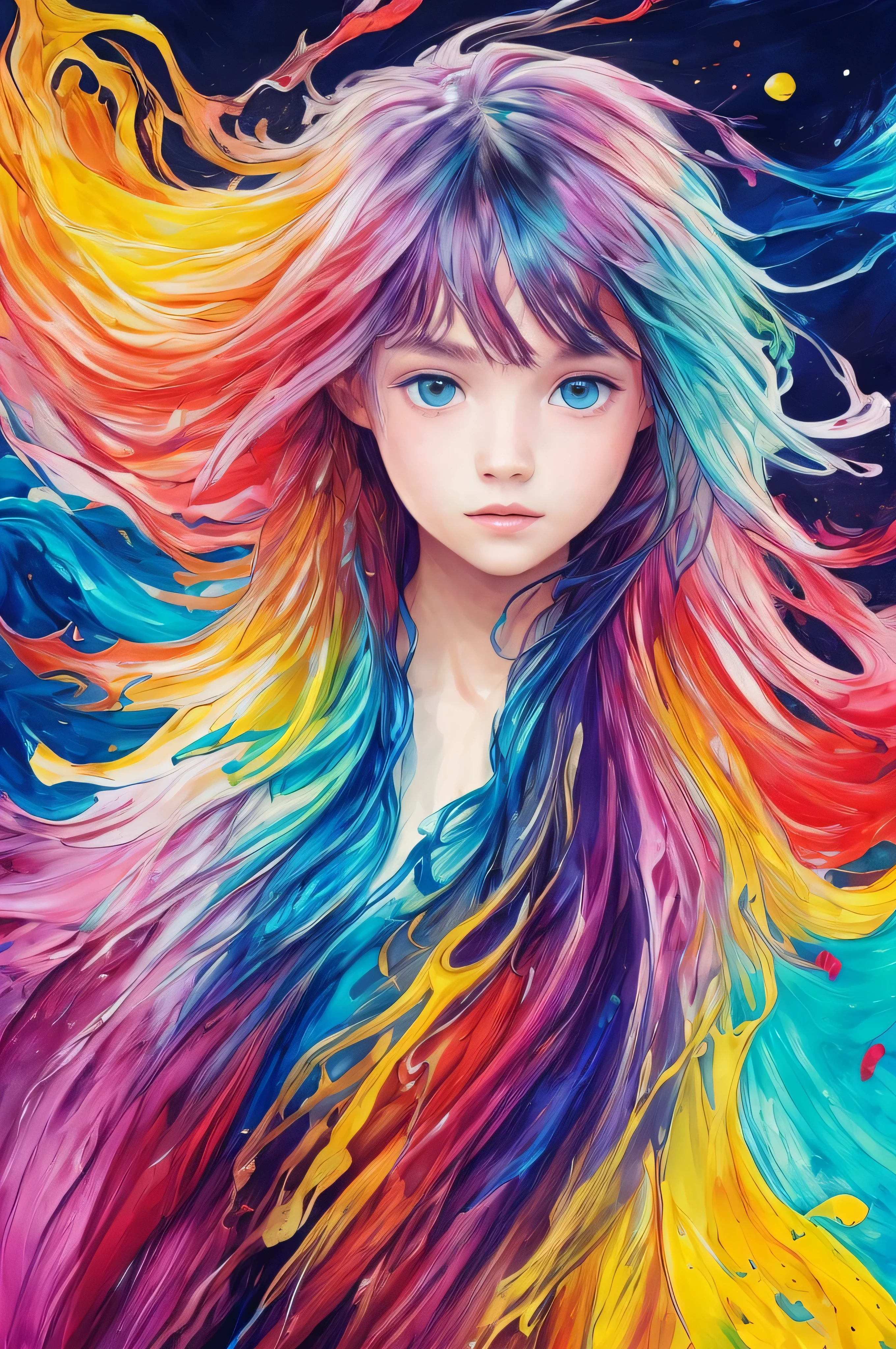 Colorful beautiful girl: a giru 8-years old, messy hair, oil painting, nice perfect face with soft skinice perfect face, blue yellow colors, light purple and violet additions, light red additions, intricate detail, splash screen, 8k resolution, masterpiece, cute face,artstation digital painting smooth veryBlack ink flow: 8k resolution photorealistic masterpiece: intricately detailed fluid gouache painting: by Jean Baptiste Mongue: calligraphy: acrylic: watercolor art, professional photography, natural lighting, volumetric lighting maximalist photoillustration: by marton bobzert:, complex, elegant, expansive, fantastical, wavy hair, vibrant