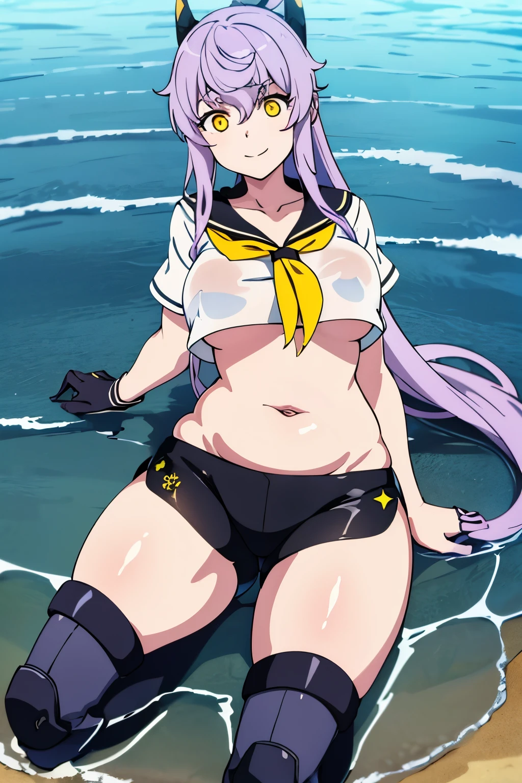 NSFW, Top-quality, Super high resolution, Anime style, masterpiece, Purifier, 1girl, solo, light purple hair, Very long ponytail, black gloves, black shorts, crop top, black and yellow hair clip, headgear, midriff, sailor collar, sailor shirt, short sleeves, yellow neckerchief, micro shorts, black sailor collar, thigh boots, Big boobs, Voluptuous, Plump, Chubby, Thick thighs, Big ass, yellow color eyes, Eyes are glowing, Beautiful eyes, To open one's eyes wide, Evil smile, cowboy shot, Fullbody, Looking at viewer, On the sea