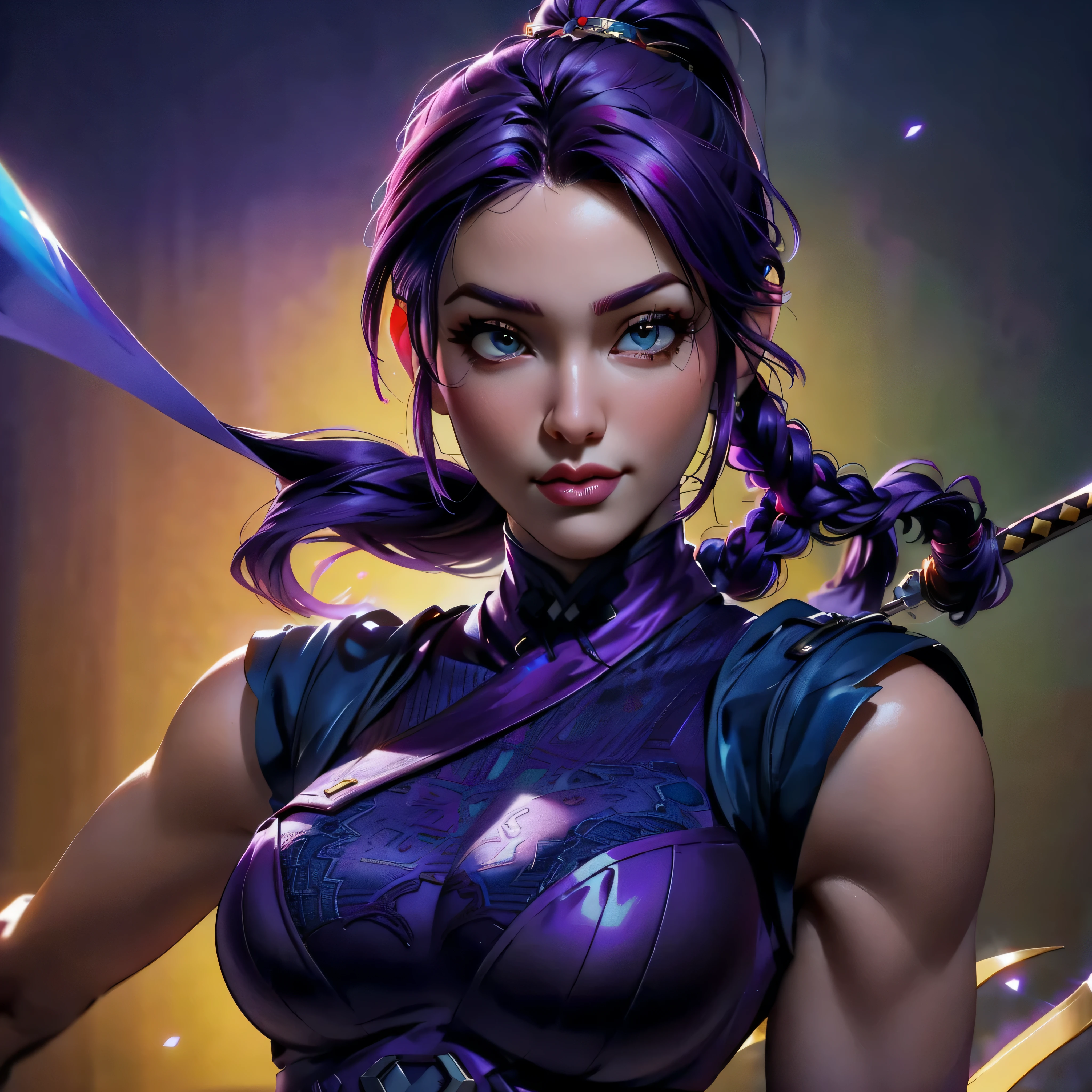 mulher arafada com cabelo roxo e uma espada em uma roupa roxa, Artgerm Julie Bell Beeple, retrato artgerm, Artgerm 4K, deviantart artstation cgscosiety, Artgerm extremamente detalhado, artgerm detalhado, RossDraw pintura digital, Steven Artgerm Quatro, estilo artgerm, Stanley Artgerm Lau