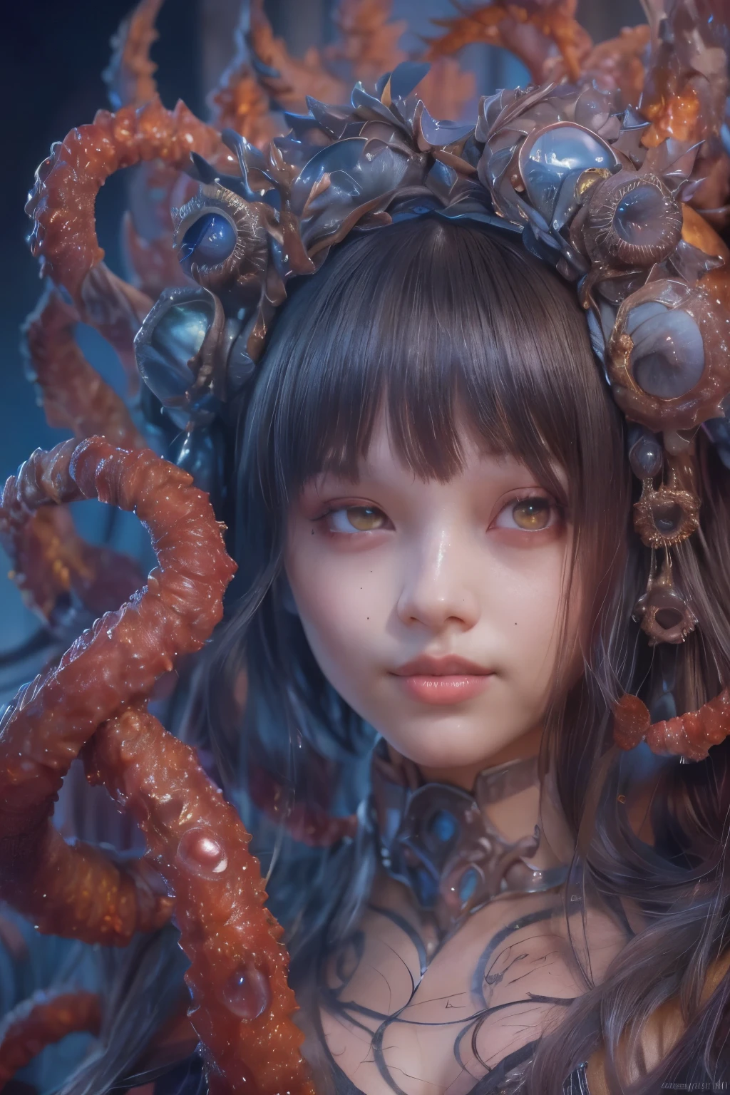 Portrait, (beautiful female alien:1.2), (she has red eyes with no pupils:1.8), (Translucent skin:1.7), (There is a female genital-like organ in the middle of the forehead:1.9), (The most beautiful face in the history of the universe:1.2),an evil gaze that seduces, (large mouth:1.1), (sharp teeth like a vampire:1.2), Full body like, (bio luminescent:1.5), (Smile wickedly:1.3), (sexypose:1.5), alien, No humans, cells are fused, (Lots of translucent tentacles:1.3) extraterrestrial, cell, bio image, Best Quality, 8K,4K_quality, High Definition, Dramatic Lighting, masutepiece:1.5,cinematic quality, detail up, (Intricate details:1.2), High resolution, High Definition, drawing faithfully, (Thick eyebrows:1.2), Beautiful eyes with fine symmetry,(Highly detailed face and eyes:1.2), Intimate face, (Super detailed skin quality feeling:1.4), Perfect Anatomy, (Beautiful toned body:1.5), (Moist skin:1.2), No makeup, (dark circles:1.1), long canines, cinematic drawing of characters, ultra high quality model, cinematic quality, detail up, (Intricate details:1.2), High resolution, High Definition, drawing faithfully, Official art, Unity 8K wall , 8K Portrait, Best Quality, Very High resolution, ultra detailed artistic photography, midnight aura, unreal enginee 5, Ultra Sharp Focus, art by alberto seveso, ArtGerm, Roisch, intricate artwork, best quality, masutepiece, ultra High resolution, (photos realistic:1.4), Ultra-realistic realism, dream-like, nautilus, Creation of fantasy, Snail, Dream Snail, biopunk nautilus, Thrilling color schemes, Ultra-realistic realism, seductively smiling, Blue tentacles,