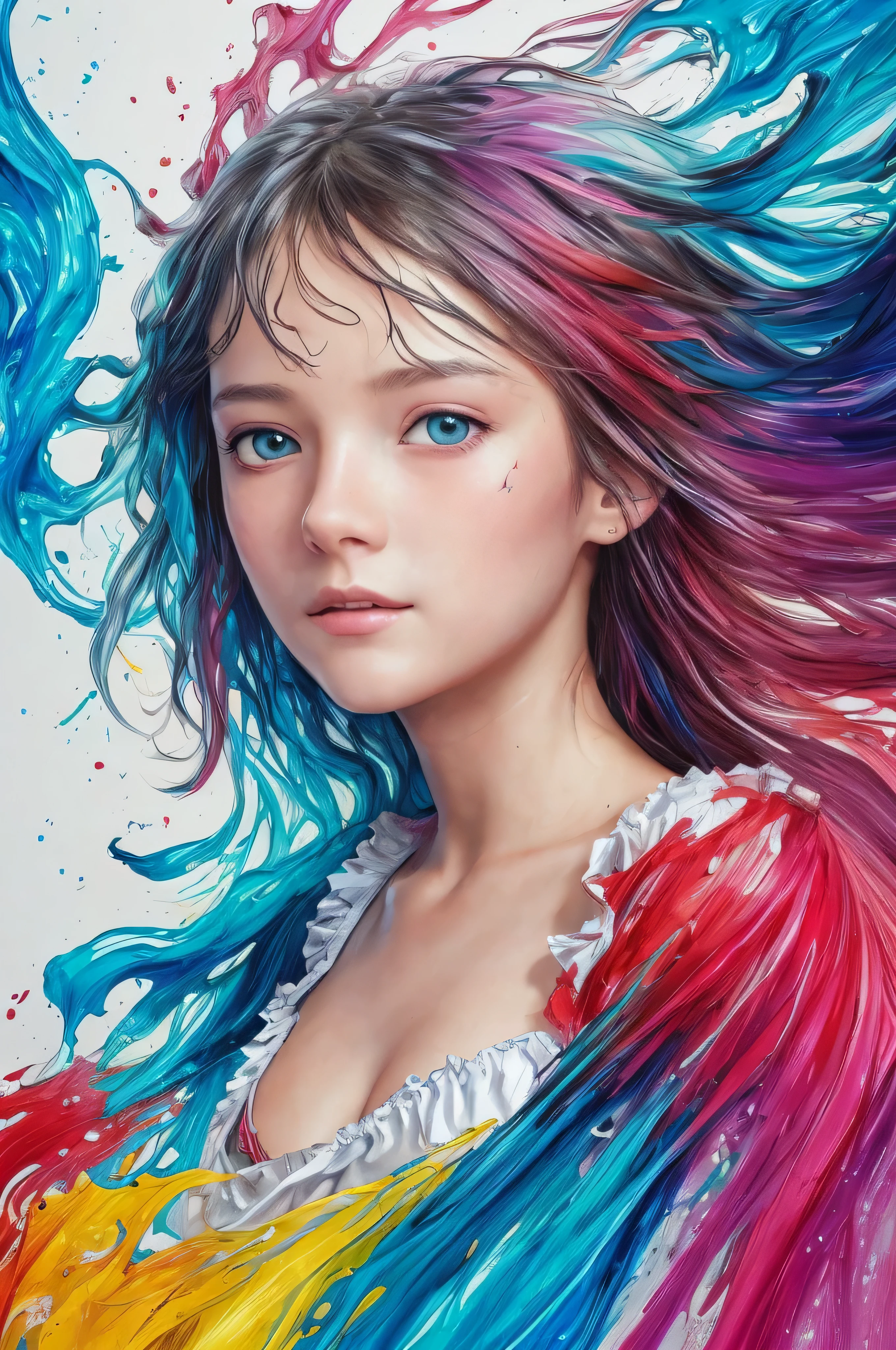 Colorful beautiful girl: a giru 8-, messy hair, oil painting, nice perfect face with soft skinice perfect face, blue yellow colors, light purple and violet additions, light red additions, intricate detail, splash screen, 8k resolution, masterpiece, cute face,artstation digital painting smooth veryBlack ink flow: 8k resolution photorealistic masterpiece: intricately detailed fluid gouache painting: by Jean Baptiste Mongue: calligraphy: acrylic: watercolor art, professional photography, natural lighting, volumetric lighting maximalist photoillustration: by marton bobzert:, complex, elegant, expansive, fantastical,  wavy hair, vibrant