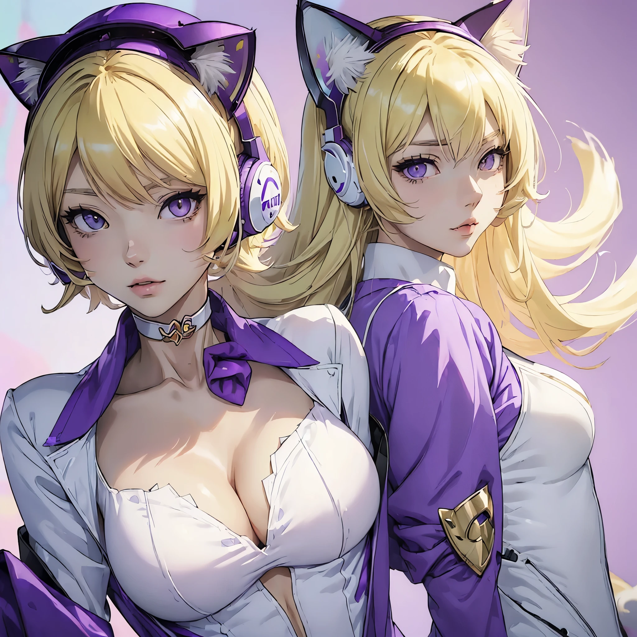 (((cat girl))), (((White Headphone))), (((Blonde))), (((Korean))), (((Tall))), (((Slender))), (((purple suit))), cleavage, (((Beautiful face))), winter, (((anime))), (((pastel)))