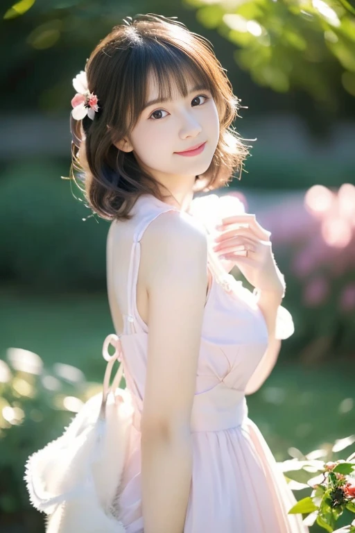 Tabletop, highest quality, figure, Very detailed, In detail, High resolution,(highest quality,HDR Effects,High resolutionであり,Vibrant colors,Anime Style,Cute and innocent,Bright Eyes,Rosy Cheeks,Long eyelashes,Flowing Hair、Dynamic pose,Surrounded by colorful flowers,Natural light,Soft and warm tone,An innocent smile,Thighs Thighs Thighs Thighs、Hair blowing in the wind、short hair、Nogizaka、Beautiful dark eyes:1.3、17 years old