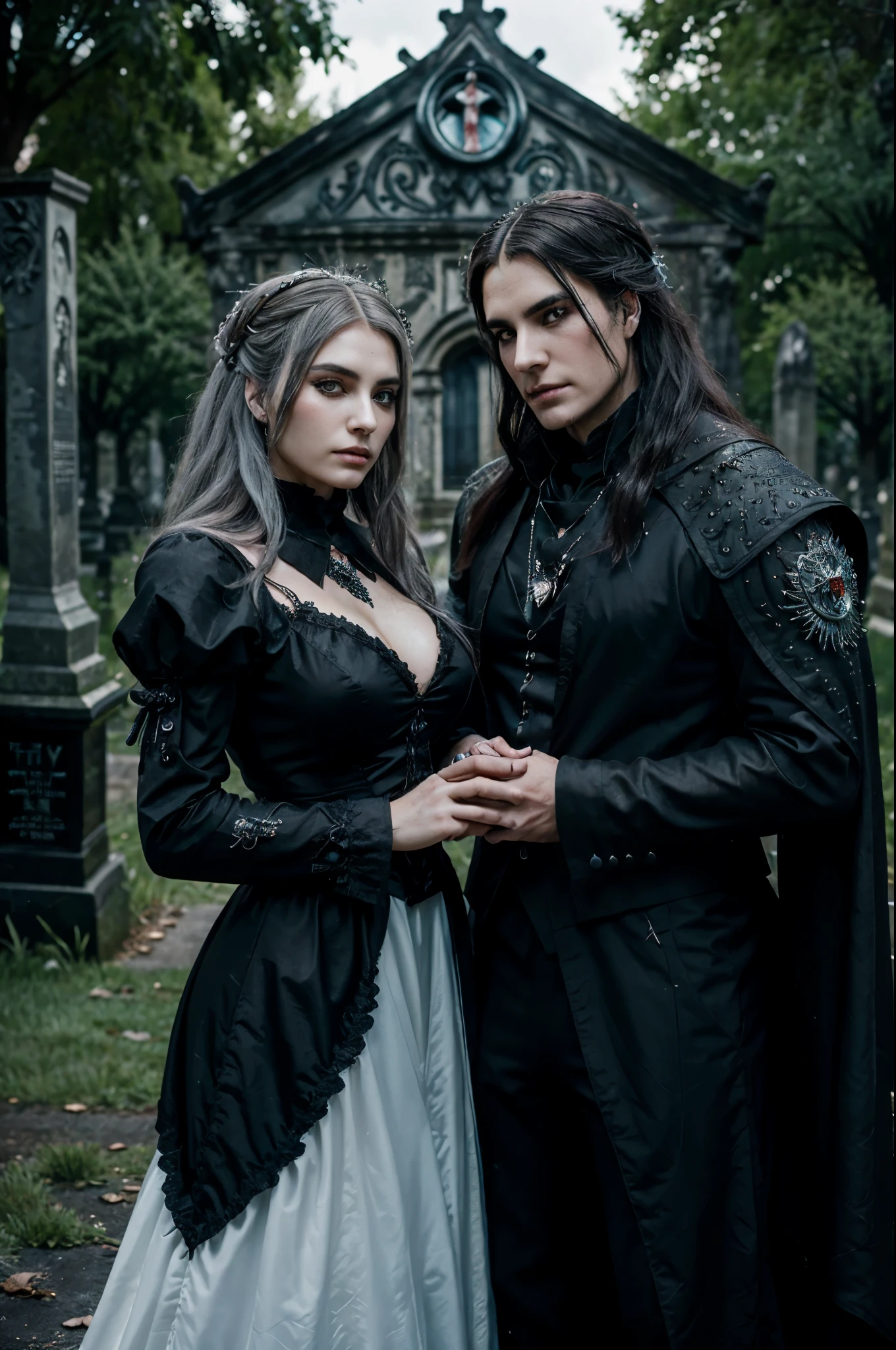 Ultra detailed photograph of a deadly bride and groom, she's wearing black gown, gothic, both looking very evil, ultra detailed faces, focus on faces, haunted cemetery environment, anime style by MSchiffer, ((Trinity Blood merged with The Witcher)) bright colors, high saturation