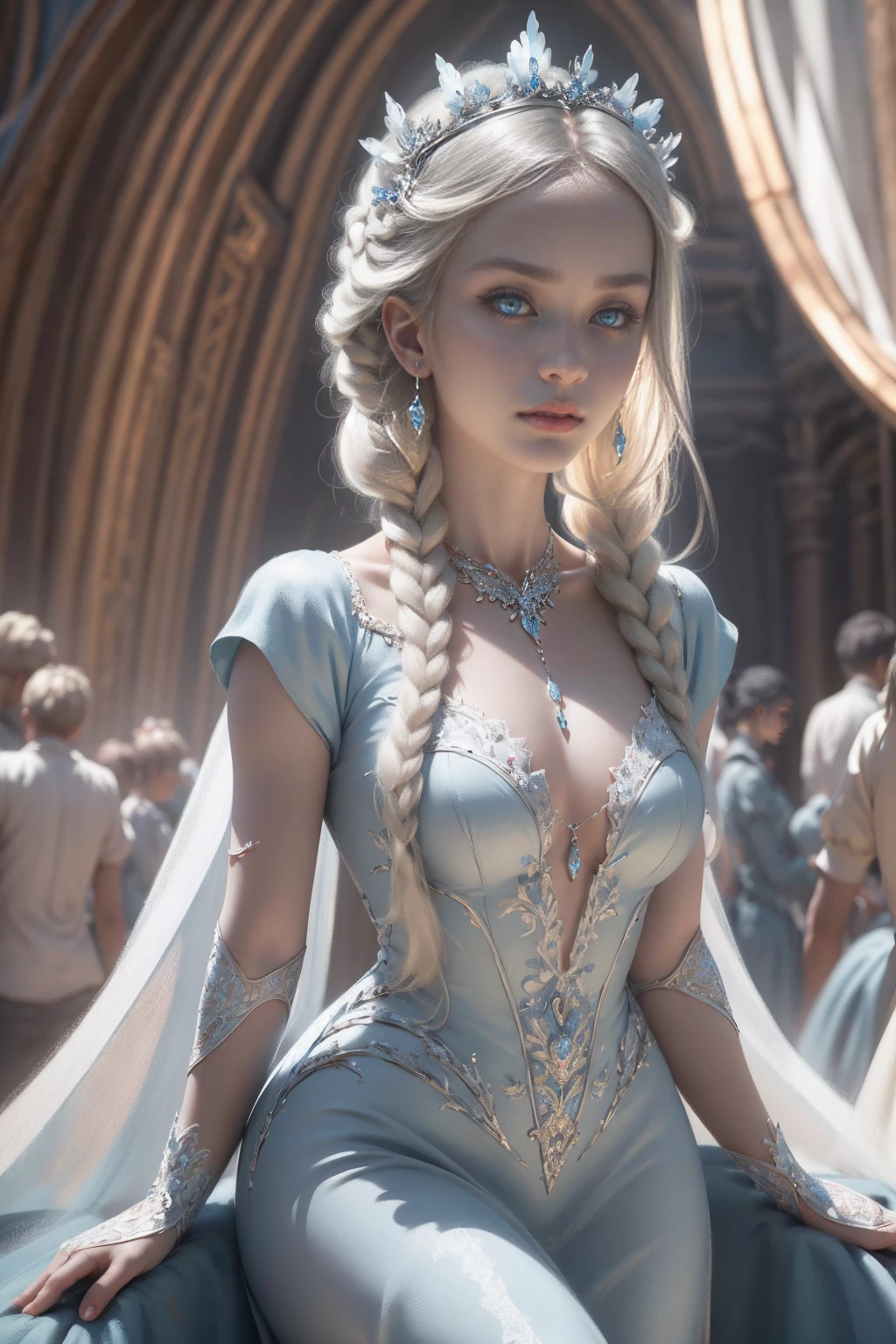 { - erro de anatomia}(Masterpiece - Ultra-Detailed, High Resolution) Prepare to be enchanted by a true masterpiece that combines ultra-detailed art with high-resolution rendering. This work shows a mesmerizing girl with long blonde hair (1.3) and captivating light blue eyes (1.2), emanating an aura of elegance and mystery. The intricate details and realistic textures invite you to explore every aspect of this enchanting composition. Girl wearing classic Victorian costumes. Light blue dress. Red lips. Dancing lightly. Get ready to dive into a world where beauty and craftsmanship merge perfectly.