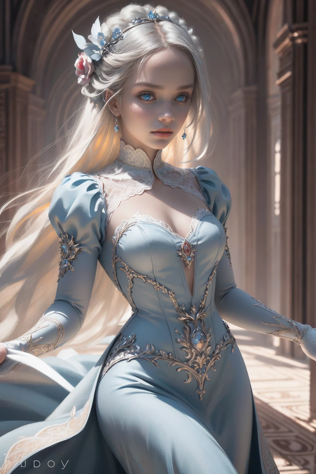 { - erro de anatomia}(Masterpiece - Ultra-Detailed, High Resolution) Prepare to be enchanted by a true masterpiece that combines ultra-detailed art with high-resolution rendering. This work shows a mesmerizing girl with long blonde hair (1.3) and captivating light blue eyes (1.2), emanating an aura of elegance and mystery. The intricate details and realistic textures invite you to explore every aspect of this enchanting composition. Girl wearing classic Victorian costumes. Light blue dress. Red lips. Dancing lightly. Get ready to dive into a world where beauty and craftsmanship merge perfectly.