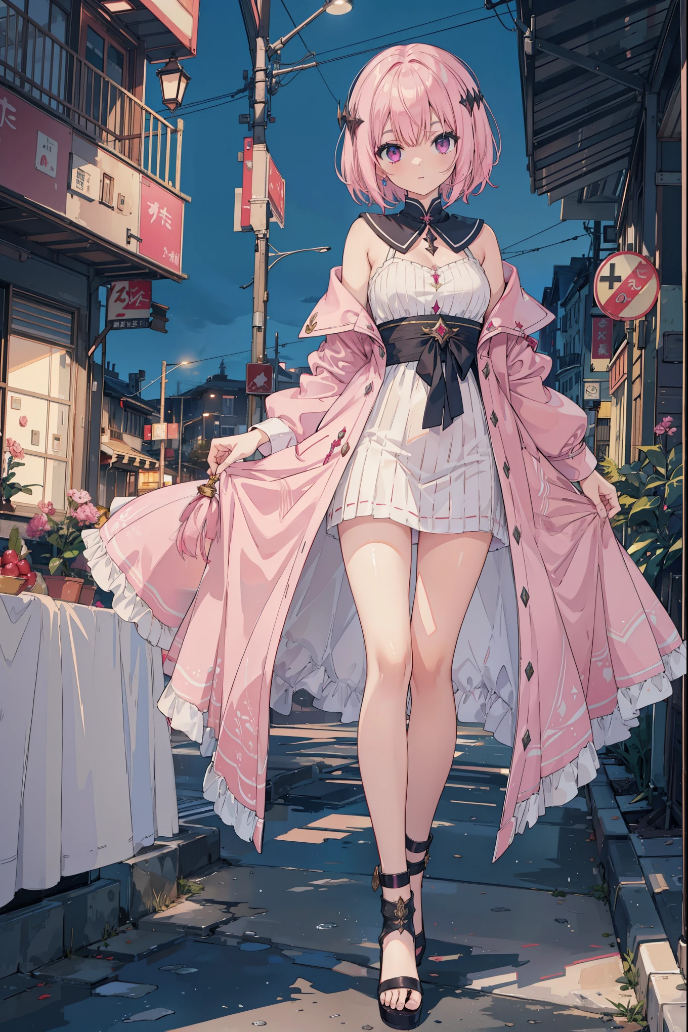 Prompt:-High spec beautiful girl, light pink hair color, short hair, female emperor, pink eyes, Final Fantasy style, full body, high pixel count, high image processing, high image quality, high resolution