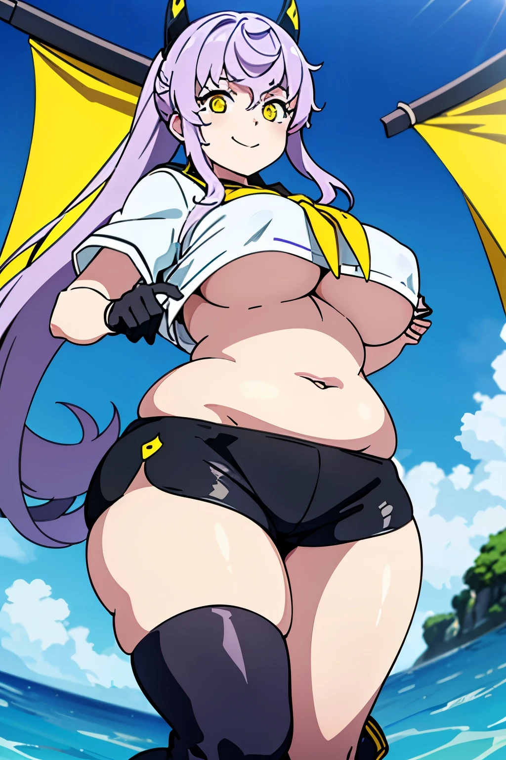 NSFW, Top-quality, Super high resolution, Anime style, masterpiece, Purifier, 1girl, solo, light purple hair, Very long ponytail, black gloves, black shorts, crop top, black and yellow hair clip, headgear, midriff, sailor collar, sailor shirt, short sleeves, yellow neckerchief, micro shorts, black sailor collar, thigh boots, (Big boobs, Voluptuous, Plump, Chubby:1.2), Thick thighs, Big ass, yellow color eyes, Eyes are glowing, Beautiful eyes, To open one's eyes wide, Evil smile, cowboy shot, From below, Fullbody, Looking at viewer, On the sea