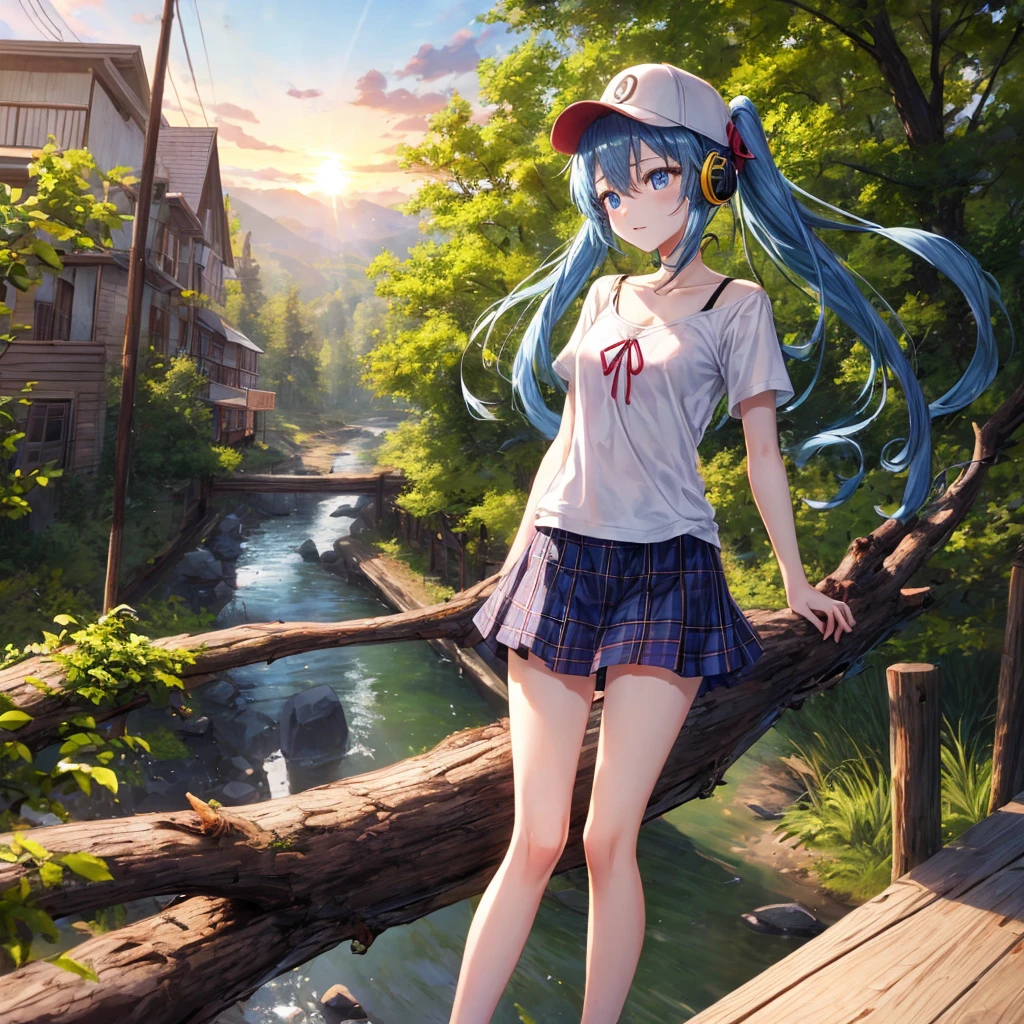 Blue hair、blue eyess、Braids、poneyTail、one good looking girl、独奏、animesque、Plaid miniskirt、Black T-shirt、camisole、the woods、Wearing a plaid baseball cap、bare-legged、Tilting your face、Walking、Crossing a log bridge while keeping balance、Doing the ribbon、have a twig、climbing the wooden stairs、falls、Blue Topaz、Sunset sky、Wearing headphones、spirals