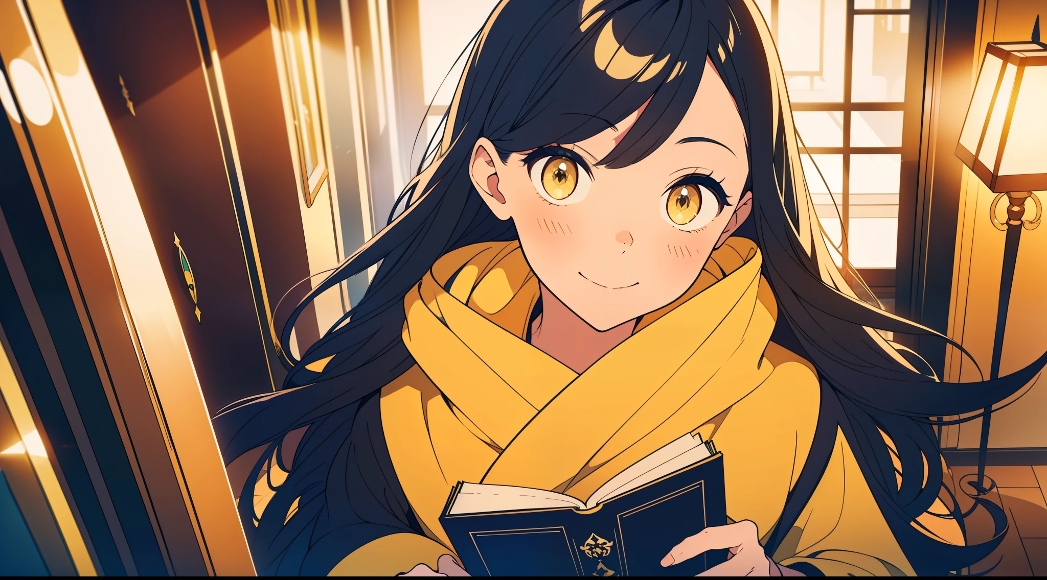 A Single girl, Black Hair , yellow eyes, alone, High detail face, tie hair on the left side, yellow cape, black priest cloth, shining Book . Small Wand, Shining crown, Walking in Hallway , Library , Public Book Room ,high res, ultra sharp, 8k, masterpiece, smiling, fantasy world, magical radiance background, Best quality, masterpiece, best quality, expressive eyes, perfect face