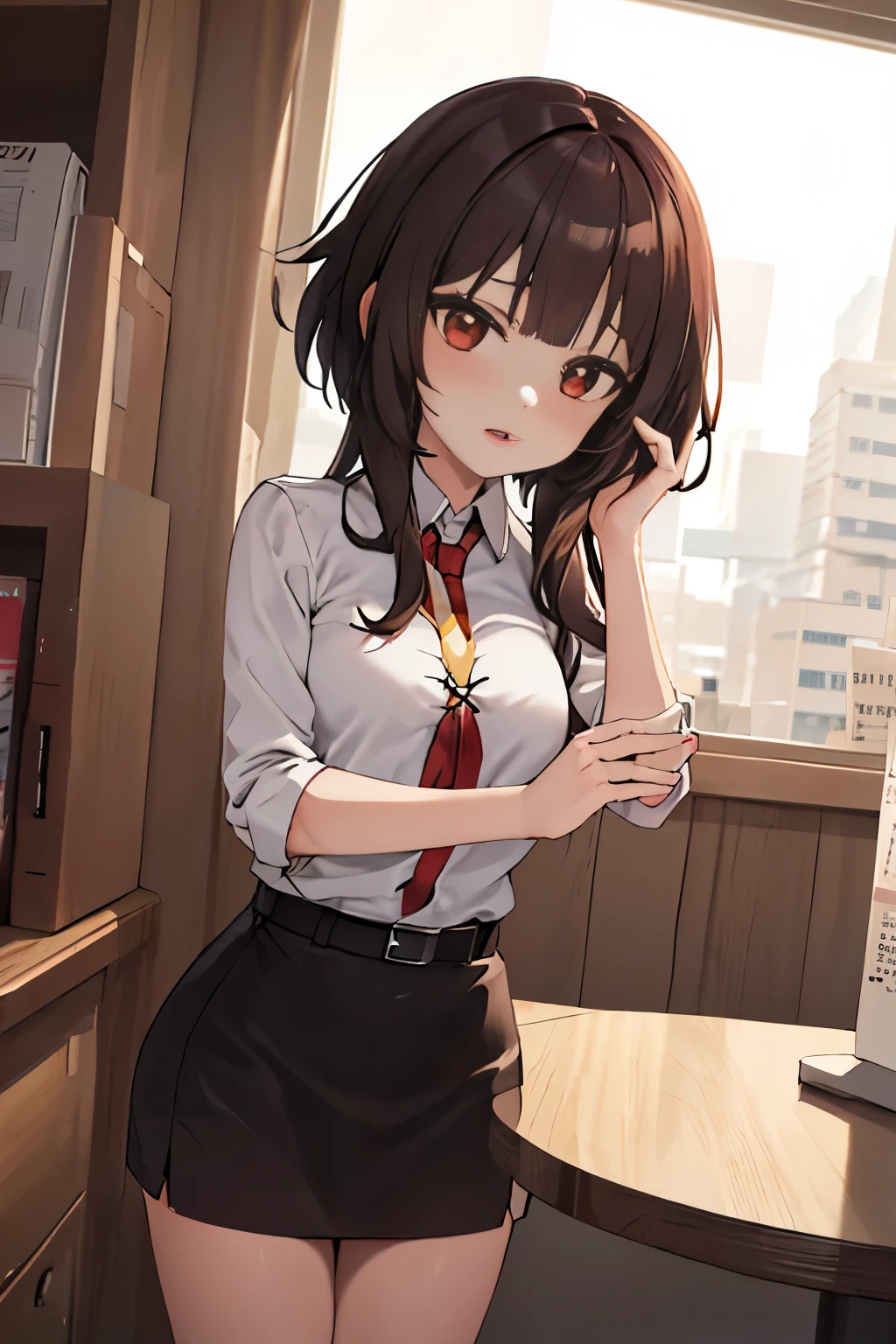 best quality,master part,1girl (Megumin),office girl,pencil skirt,sentado, red eyes, cabelos castanhos, cabelos curtos.