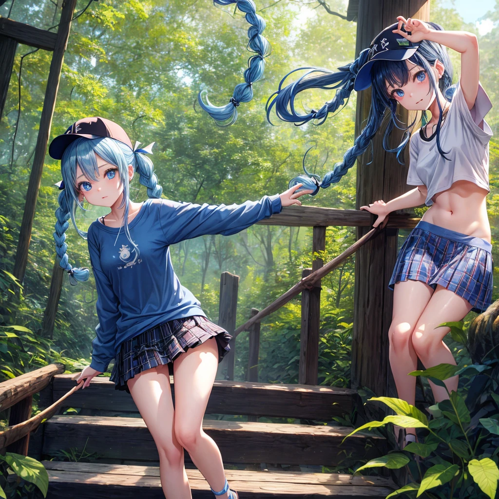 Blue hair、blue eyess、Braids、poneyTail、one good looking girl、独奏、animesque、Plaid miniskirt、Black T-shirt、camisole、the woods、Wearing a plaid baseball cap、bare-legged、Tilting your face、Walking、Crossing a log bridge while keeping balance、Doing the ribbon、have a twig、climbing the wooden stairs、falls、Blue Topaz、Sunset sky、Wearing headphones、spirals、Losing balance
