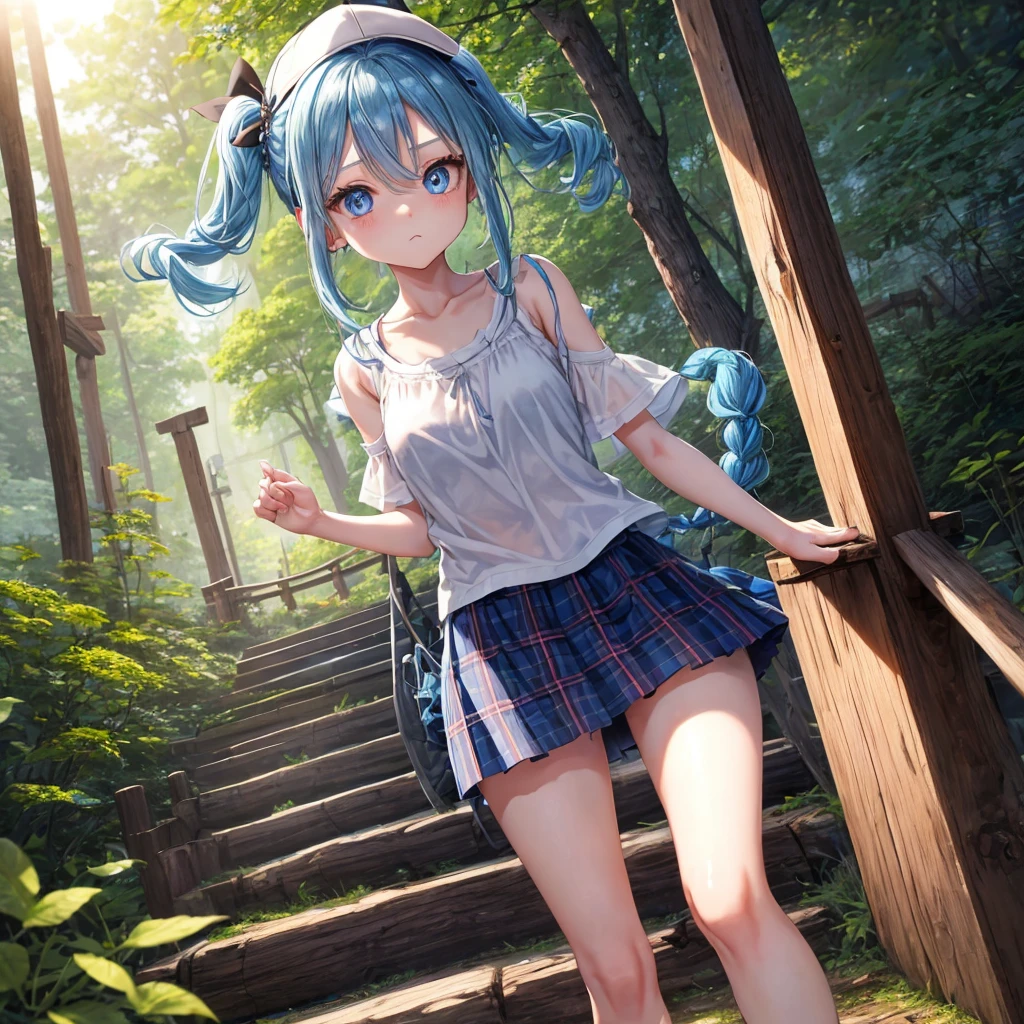 Blue hair、blue eyess、Braids、poneyTail、one good looking girl、独奏、animesque、Plaid miniskirt、Black T-shirt、camisole、the woods、Wearing a plaid baseball cap、bare-legged、Tilting your face、Walking、Crossing a log bridge while keeping balance、Doing the ribbon、have a twig、climbing the wooden stairs、falls、Blue Topaz、Sunset sky、Wearing headphones、spirals、Losing balance