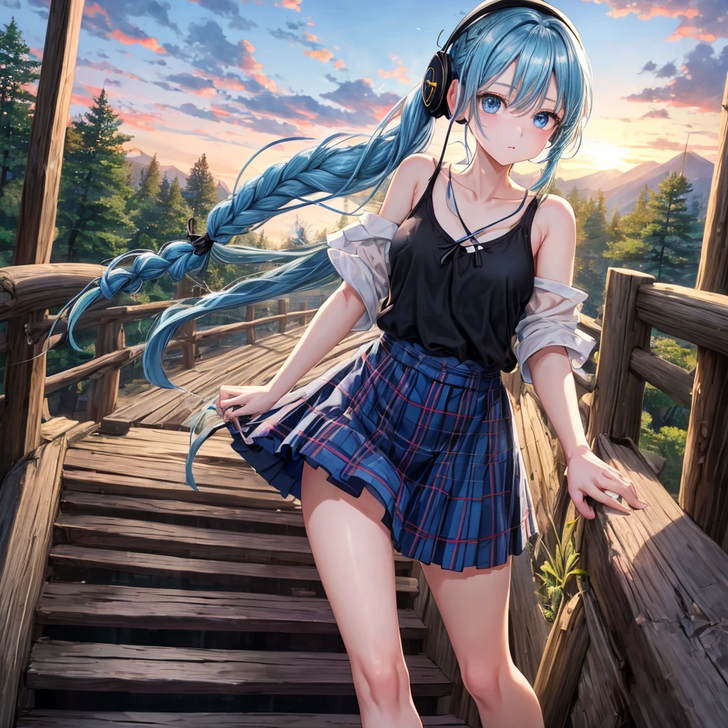 Blue hair、blue eyess、Braids、poneyTail、one good looking girl、独奏、animesque、Plaid miniskirt、Black T-shirt、camisole、the woods、Wearing a plaid baseball cap、bare-legged、Tilting your face、Walking、Crossing a log bridge while keeping balance、Doing the ribbon、have a twig、climbing the wooden stairs、falls、Blue Topaz、Sunset sky、Wearing headphones、spirals、Losing balance