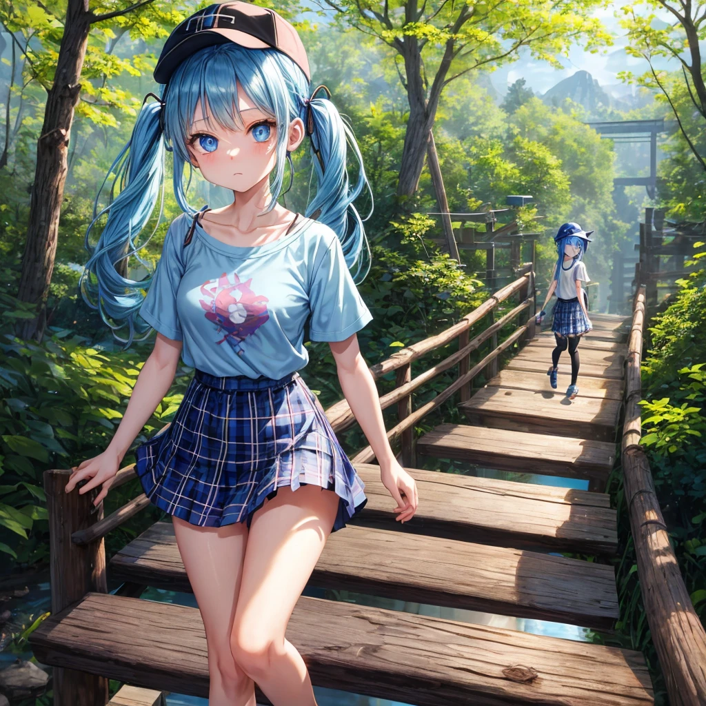 Blue hair、blue eyess、Braids、poneyTail、one good looking girl、独奏、animesque、Plaid miniskirt、Black T-shirt、camisole、the woods、Wearing a plaid baseball cap、bare-legged、Tilting your face、Walking、Crossing a log bridge while keeping balance、Doing the ribbon、have a twig、climbing the wooden stairs、falls、Blue Topaz、Sunset sky、Wearing headphones、spirals、Losing balance