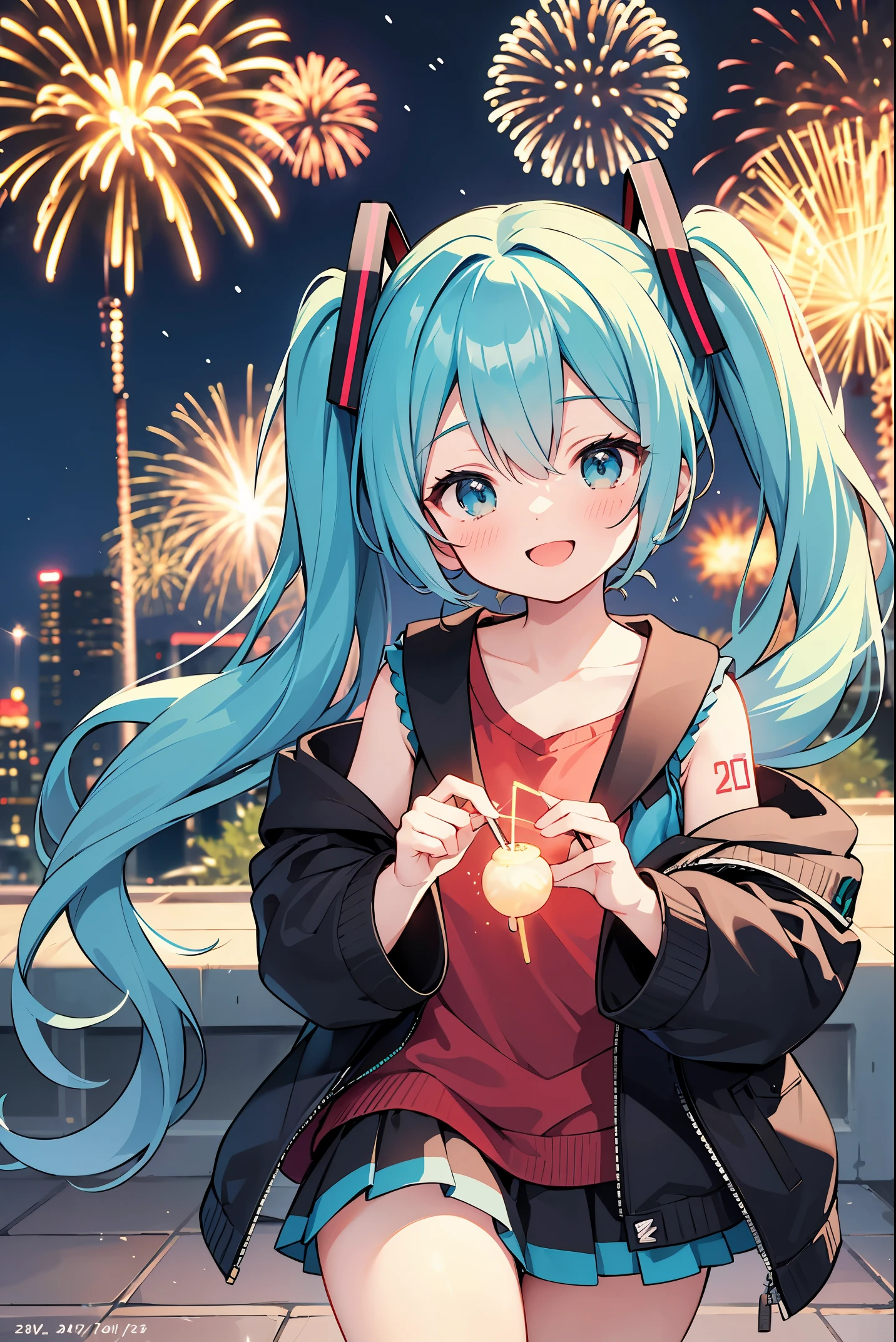 Square, year-end countdown, fireworks event, Hatsune Miku, smile, laugh