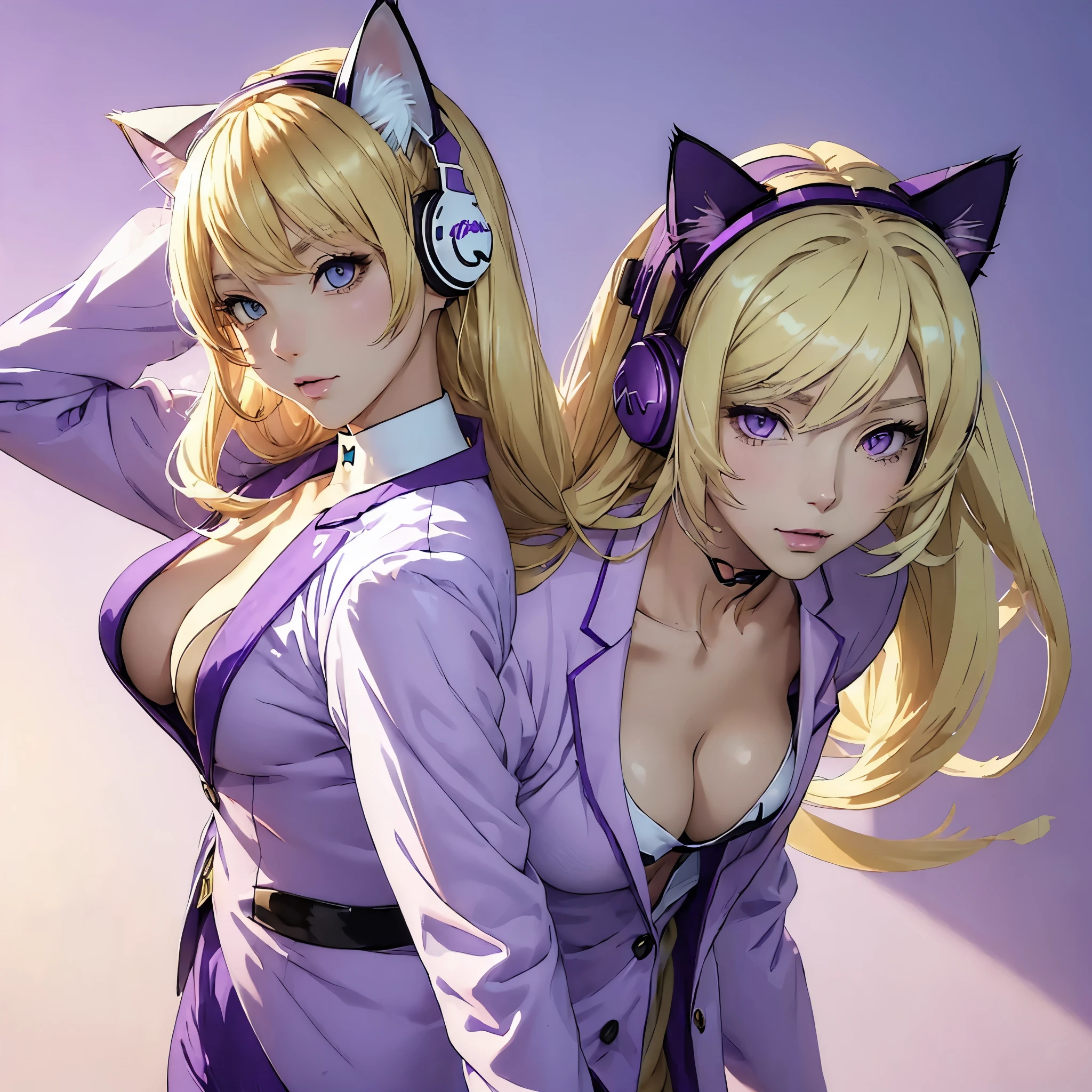 (((cat girl))), (((White Headphone))), (((Blonde))), (((Korean))), (((Tall))), (((Slender))), (((purple suit))), cleavage, (((Beautiful face))), winter, (((anime))), (((pastel)))