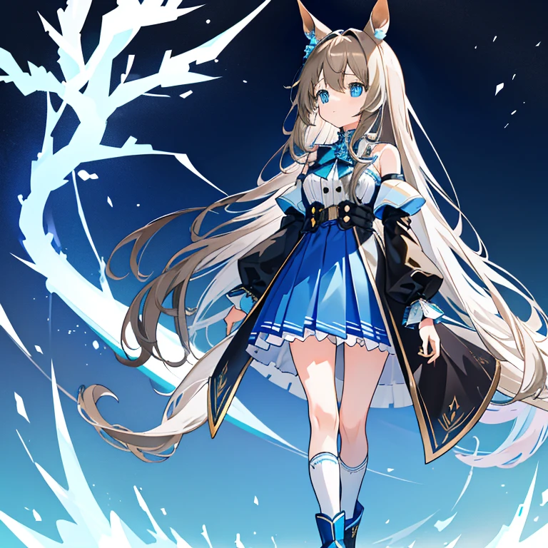 ((tmasterpiece, Best quality)),(illuminations),(detailedlight),((Extremely Delicately Beautiful)),1 girl,Horse Ear,Horse girl,Long gray hair,Brown hair,gradient blue eyes,Bright pupils,black over-the-knee socks,Black and blue dress,Blue socks,blue skirts，knee length socks,boots,longer sleeves,frilld, footwear,cropped shoulders, incision，bigger，Stood up，back shadow，Really brought tears to my eyes