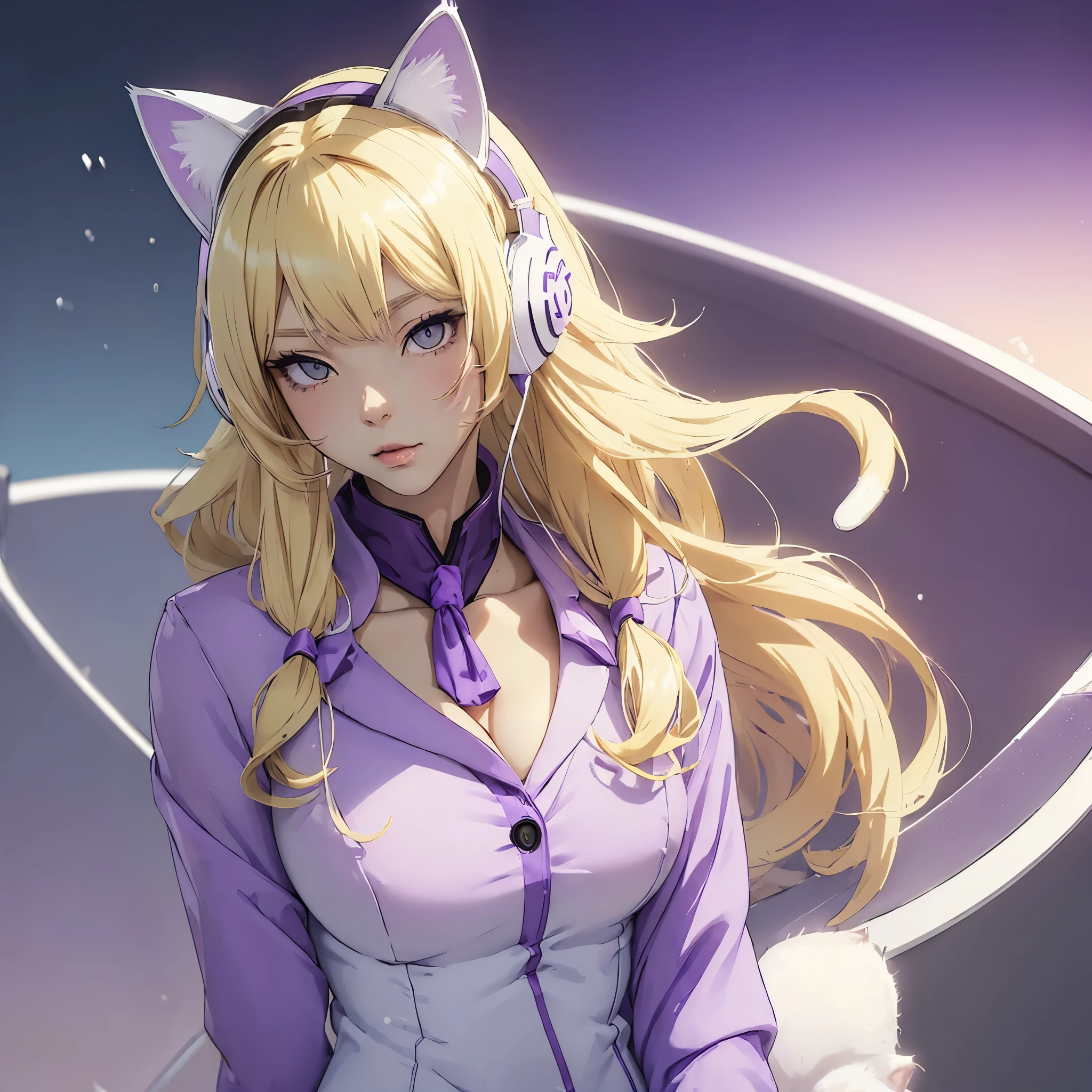 (((cat girl))), (((White Headphone))), (((Blonde))), (((Korean))), (((Tall))), (((Slender))), (((purple suit))), cleavage, (((Beautiful face))), winter, (((anime))), (((pastel)))