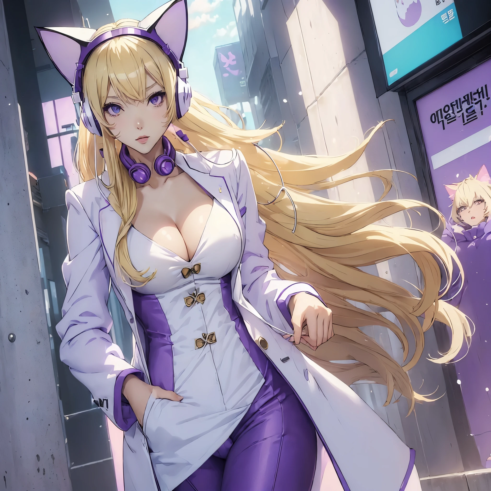 (((cat girl))), (((White Headphone))), (((Blonde))), (((Korean))), (((Tall))), (((Slender))), (((purple suit))), cleavage, (((Beautiful face))), winter, (((anime))), (((pastel)))