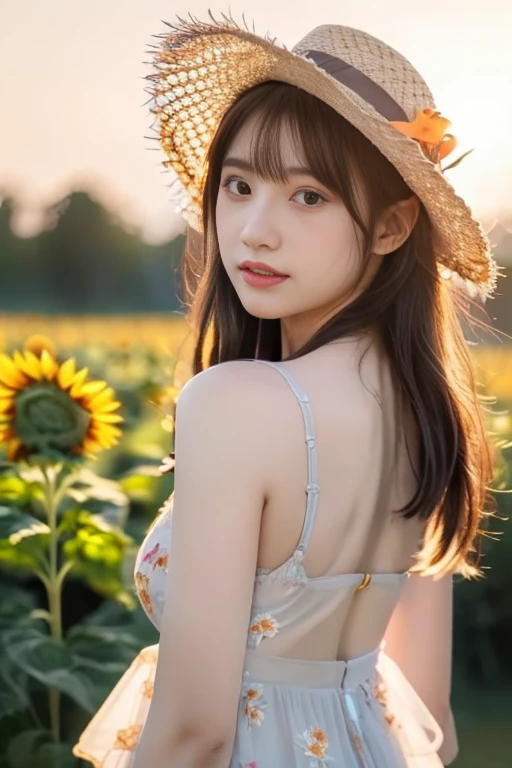 (Highly detailed CG Unity 16k wallpaper:1.1), (Denoising strength: 1.45), (tmasutepiece:1.37), ((A girl in a straw hat looking back in a sunflower field acklight), (Best Illumination, Best Shadow, extremely delicate and beautiful), Girl on the central axis of the photo, Small , ((Sunflowers with ultimate details)), Beautiful detailed sky, Perfect body, (beautifull detailed face), extremely delicate and beautiful女の子, Sunflower fields at Sunset, Sunset, Black hair, beautiful detailed cloud, (((the Extremely Detailed CG Unity 8K Wallpapers, Ultra-, god rays, spark of light, Glowing light, masutepiece, Best Quality