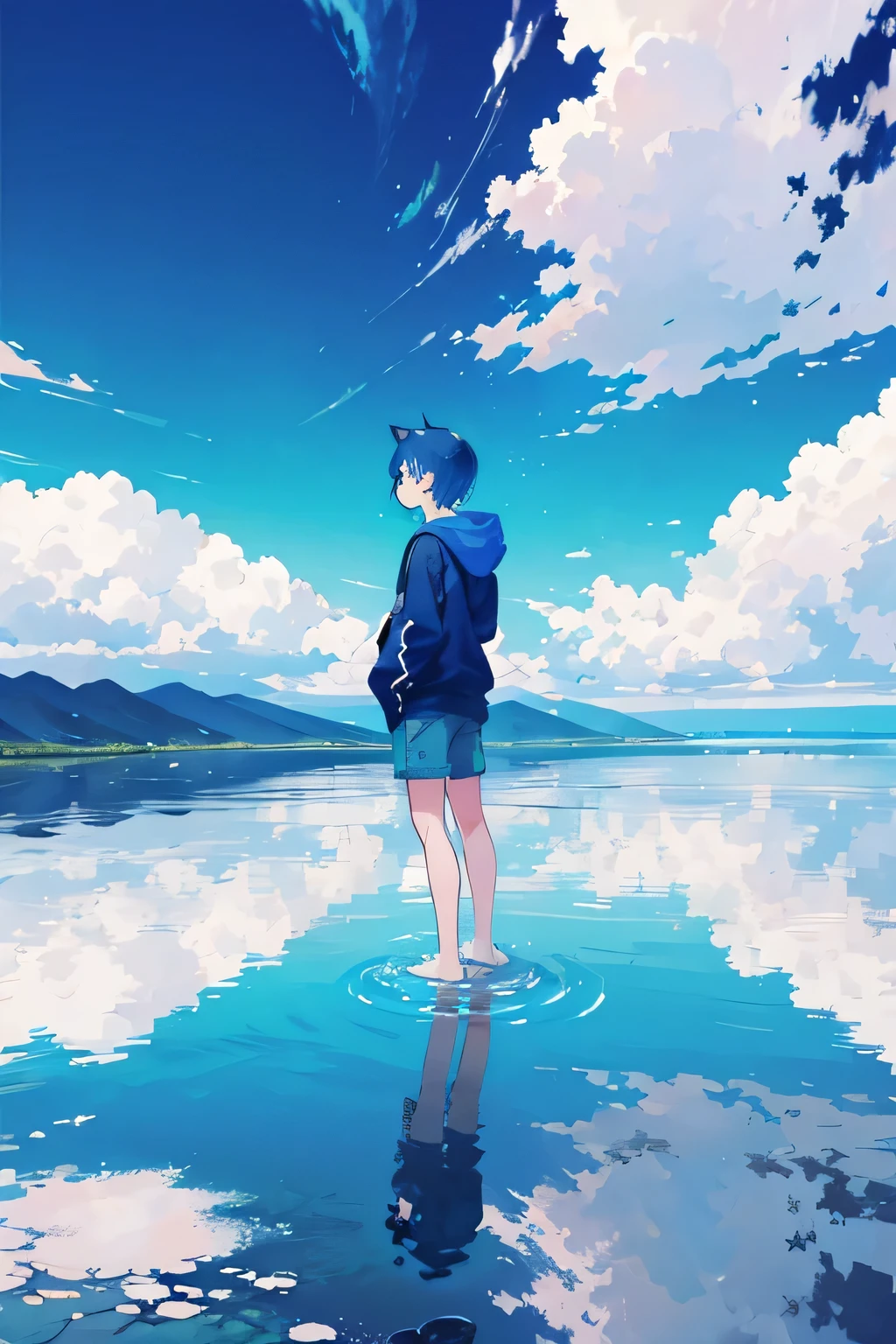 MKSKS style, (flat_Color, 2D, Pastel_Style), Official artwork, (Blue_Theme:1.2), Clouds, Niconico, offical wallpaper, (partly_Colored:0.5), (Traditional media:0.5), (Wide_Shot:1.3) break cloudy_sky, ((Reflective_water:1.3)), scenic, sky, water, (Ripples:0.5), (Reflection), Wind, (Cinematic:1.2), (horizon:1.3), Shallow_water, 1boy, ((blue short hair)), ((with blue cat eararefoot, Skinny, (distant:1.5), Solo, hoodie