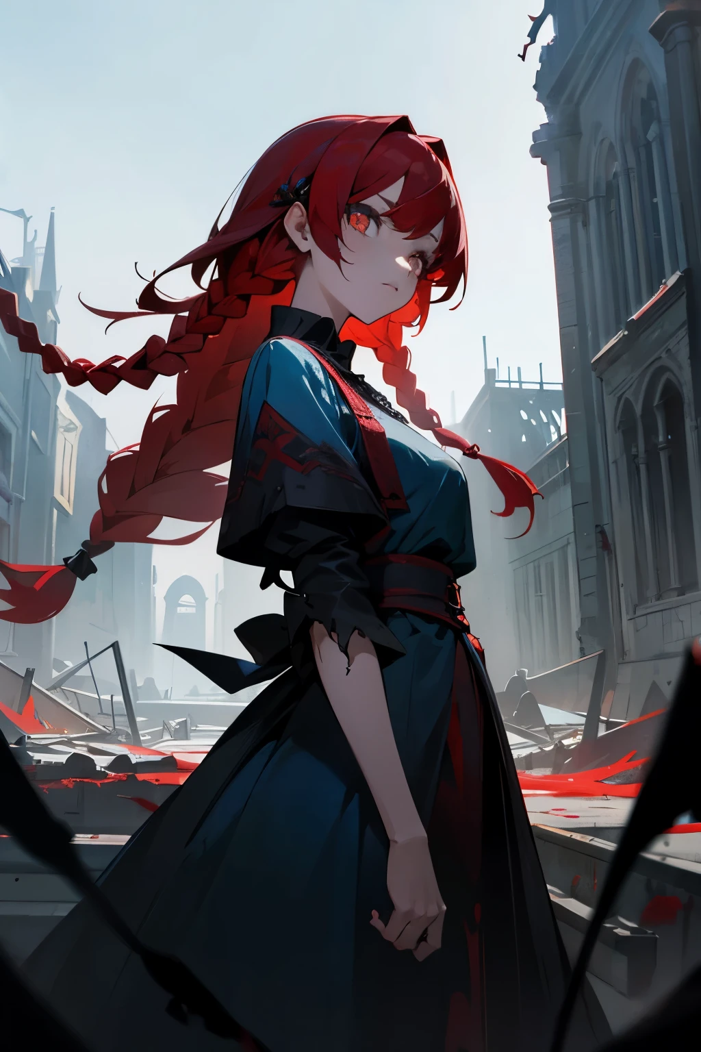 A girl, white eyes, black and red hair, long light blue dress with blood, psychotic look, beautiful face, in the background a destroyed medieval city, blue skin, best quality, masterpiece, hairstyle with double braids