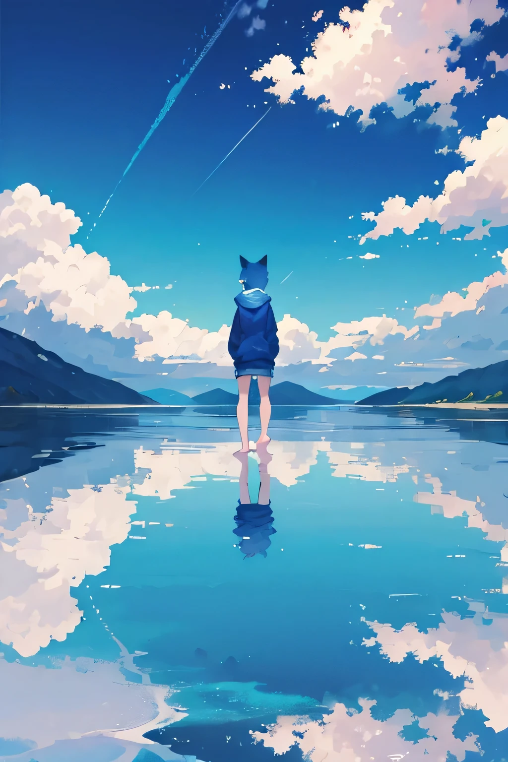 MKSKS style, (flat_Color, 2D, Pastel_Style), Official artwork, (Blue_Theme:1.2), Clouds, Niconico, offical wallpaper, (partly_Colored:0.5), (Traditional media:0.5), (Wide_Shot:1.3) break cloudy_sky, (Reflective_water:1.3), scenic, sky, water, (Ripples:0.5), Reflection, Wind, (Cinematic:1.2), (horizon:1.3), Shallow_water, 1boy, ((blue short hair)), ((with blue cat ears)), Barefoot, Skinny, (distant:1.5), Solo, hoodie