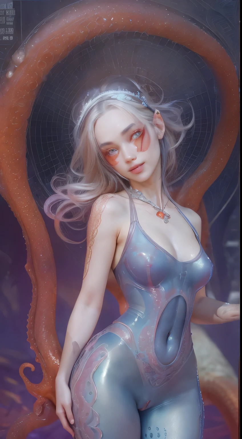 Portrait, (beautiful female alien:1.2), (she has red eyes with no pupils:1.8), (Translucent skin:1.7), (There is a female genital-like organ in the middle of the forehead:1.9), (The most beautiful face in the history of the universe:1.2),an evil gaze that seduces, (large mouth:1.1), (sharp teeth like a vampire:1.2), Full body like, (bio luminescent:1.5), (Smile wickedly:1.3), (sexypose:1.5), alien, No humans, cells are fused, (Lots of translucent tentacles:1.3) extraterrestrial, cell, bio image, Best Quality, 8K,4K_quality, High Definition, Dramatic Lighting, masutepiece:1.5,cinematic quality, detail up, (Intricate details:1.2), High resolution, High Definition, drawing faithfully, (Thick eyebrows:1.2), Beautiful eyes with fine symmetry,(Highly detailed face and eyes:1.2), Intimate face, (Super detailed skin quality feeling:1.4), Perfect Anatomy, (Beautiful toned body:1.5), (Moist skin:1.2), No makeup, (dark circles:1.1), long canines, cinematic drawing of characters, ultra high quality model, cinematic quality, detail up, (Intricate details:1.2), High resolution, High Definition, drawing faithfully, Official art, Unity 8K wall , 8K Portrait, Best Quality, Very High resolution, ultra detailed artistic photography, midnight aura, unreal enginee 5, Ultra Sharp Focus, art by alberto seveso, ArtGerm, Roisch, intricate artwork, best quality, masutepiece, ultra High resolution, (photos realistic:1.4), Ultra-realistic realism, dream-like, nautilus, Creation of fantasy, Snail, Dream Snail, biopunk nautilus, Thrilling color schemes, Ultra-realistic realism, seductively smiling, Blue tentacles,