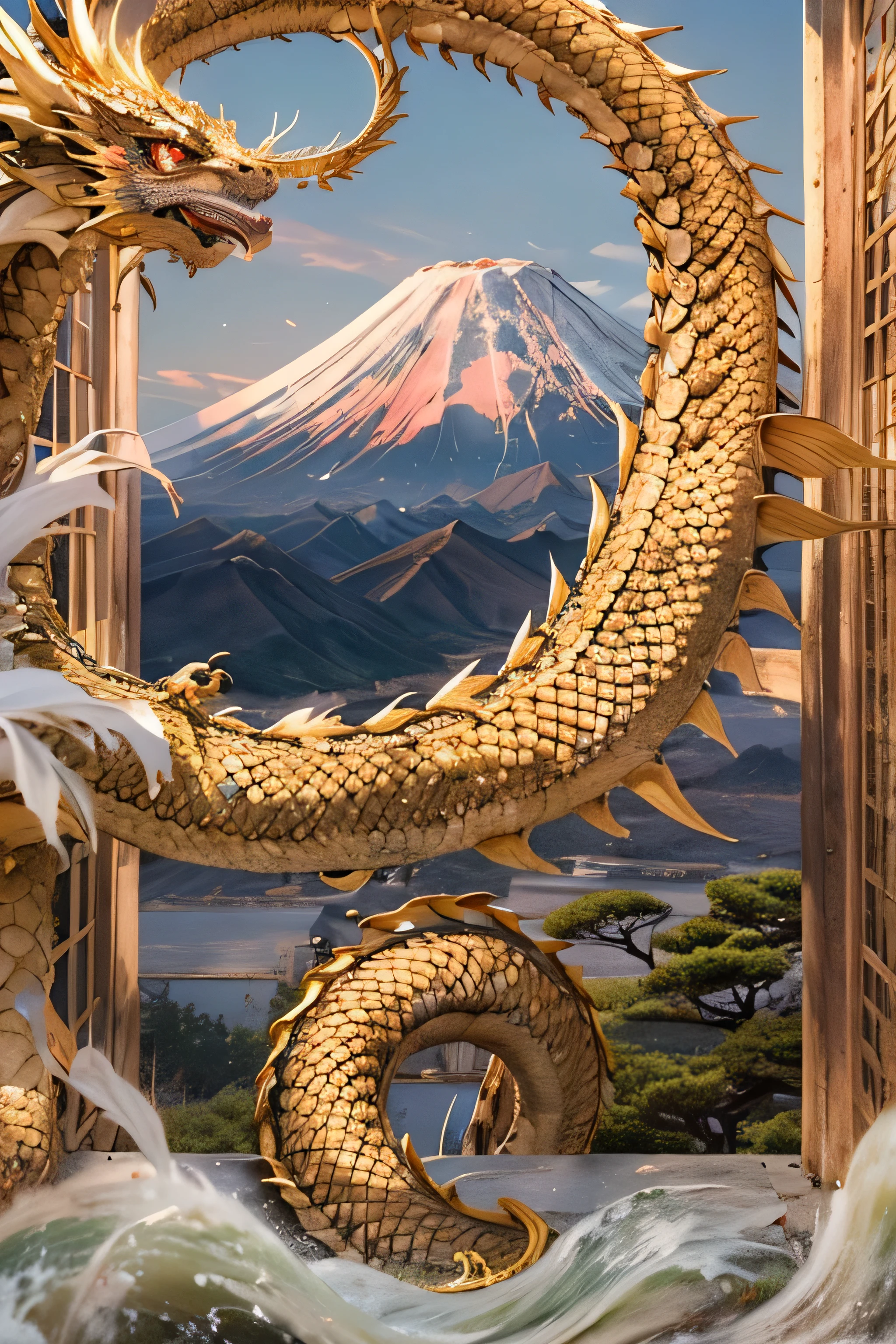 (Photorealsitic:1.3,visualart,depth of fields, top-quality,8K picture quality,masterpiece:1.3,hight resolution,masutepiece:1.2),(Golden Dragon:1.5),(1Mt. Fuji:1.5),Sunrise