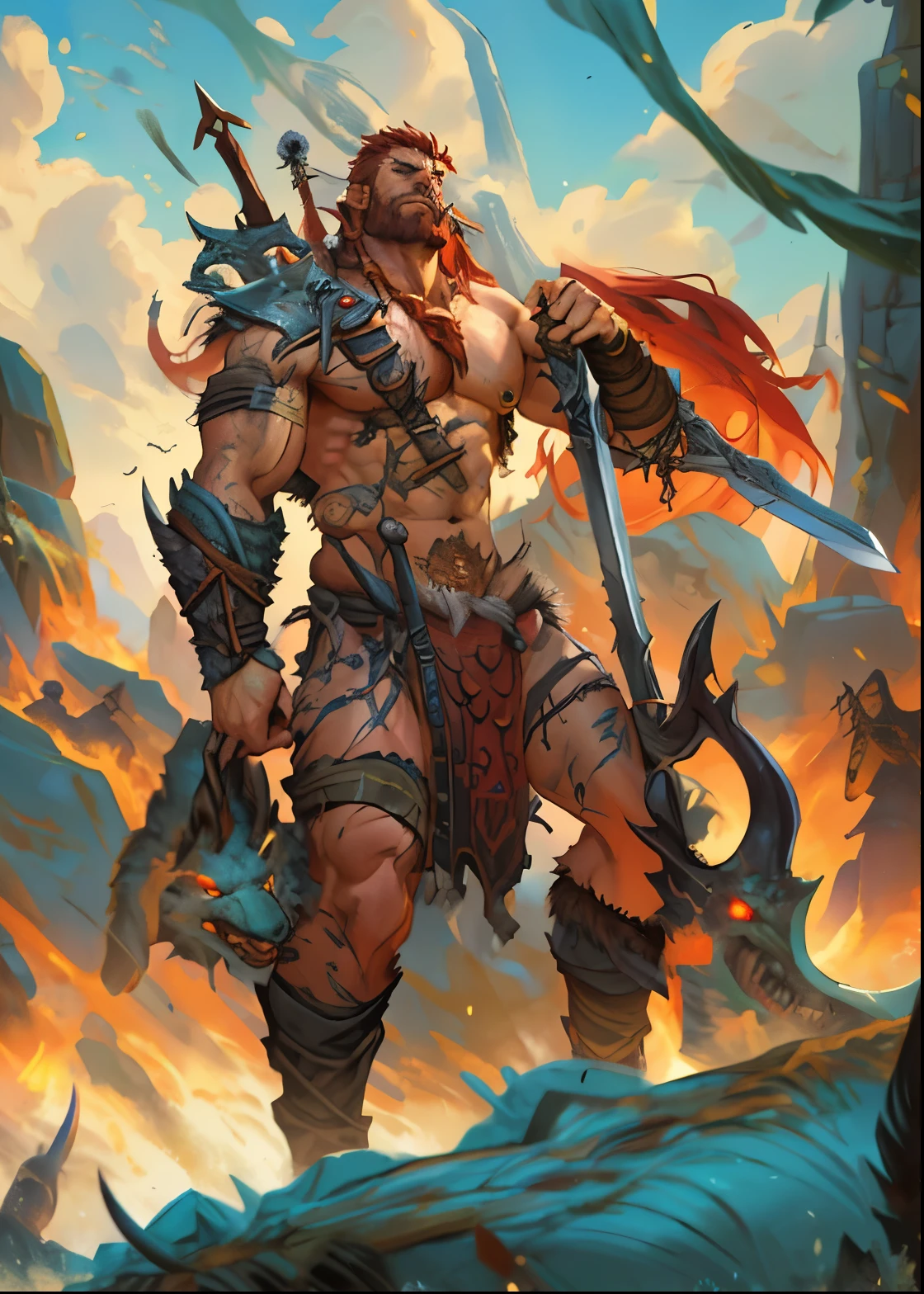 a painting of a man with a sword and a horned head, berserker potrait, barbarian class, barbarian warrior, barbarian, viking berserker, fur-clad barbarian goliath, portrait berserker barbarian, male barbarian, epic fantasy card game art, demon berserker, concept art of a warrior, epic fantasy character art, by Yang J, a very beautiful berserker woman, (red hair)+++