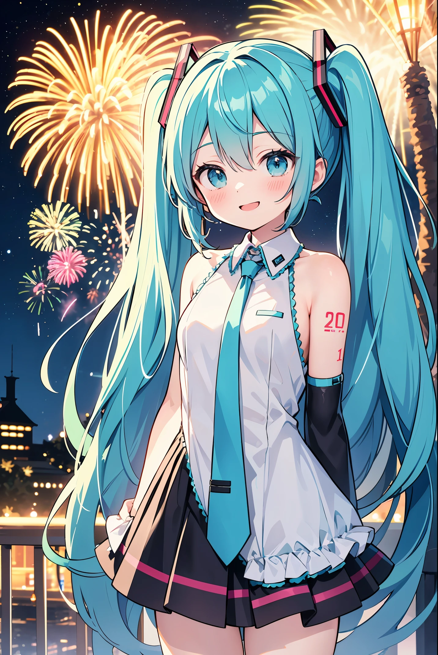Square, year-end countdown, fireworks event, Hatsune Miku, smile, laugh