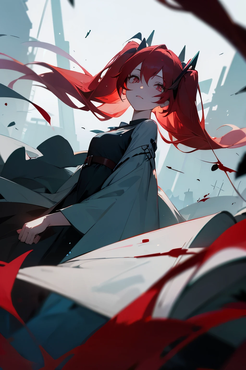 A girl, white eyes, black and red hair, long light blue dress with blood, psychotic look, beautiful face, in the background a destroyed medieval city, blue skin, best quality, masterpiece, hatsune miku style hair