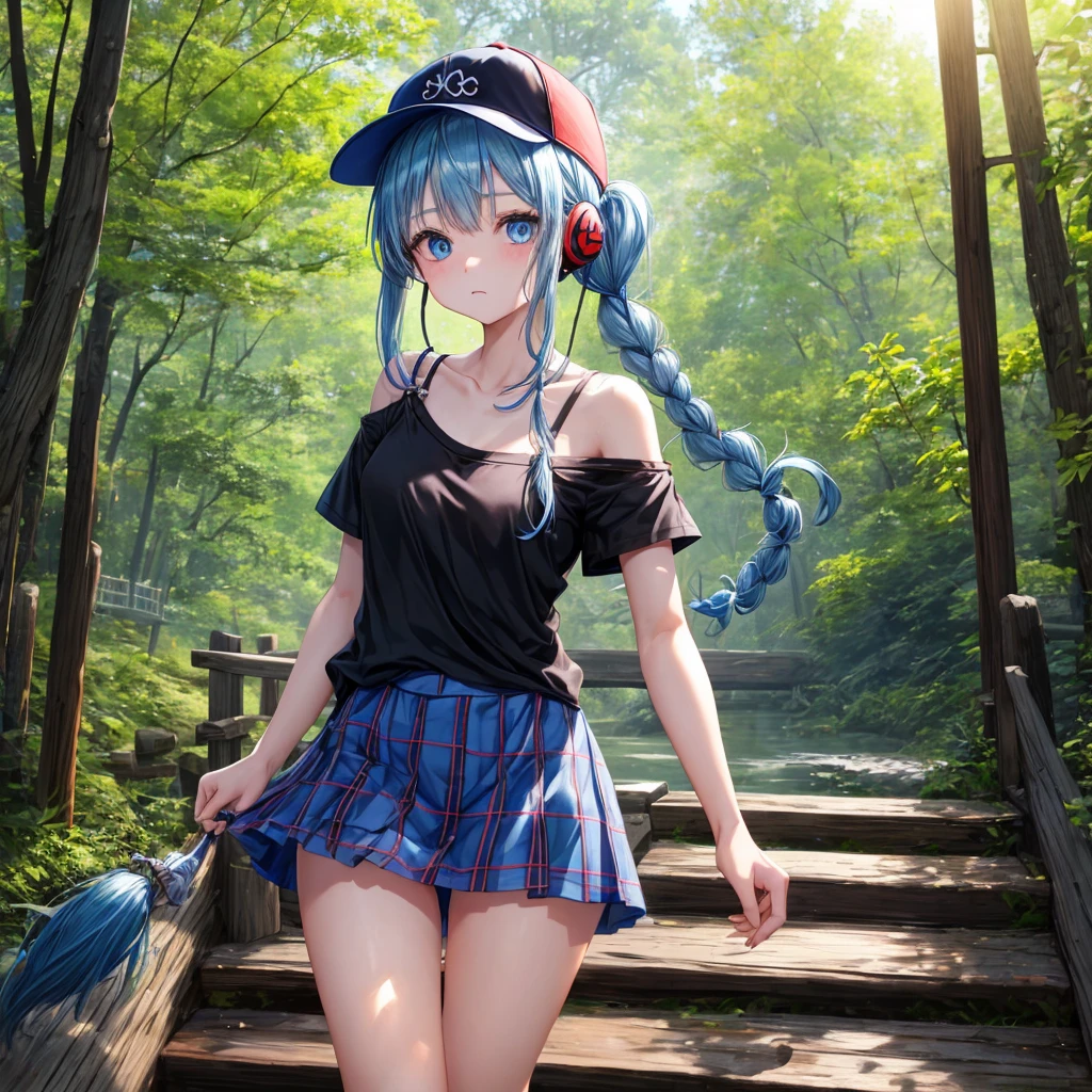 Blue hair、blue eyess、Braids、poneyTail、one good looking girl、独奏、animesque、Plaid miniskirt、Black T-shirt、camisole、the woods、Wearing a plaid baseball cap、bare-legged、Tilting your face、Walking、Crossing a log bridge while keeping balance、Doing the ribbon、have a twig、climbing the wooden stairs、falls、Blue Topaz、Sunset sky、Wearing headphones、spirals、Losing balance