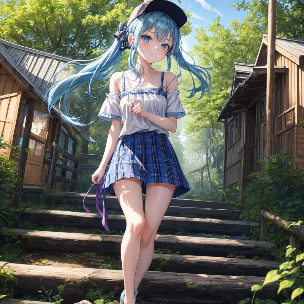 Blue hair、blue eyess、Braids、poneyTail、one good looking girl、独奏、animesque、Plaid miniskirt、Black T-shirt、camisole、the woods、Wearing a plaid baseball cap、bare-legged、Tilting your face、Walking、Crossing a log bridge while keeping balance、Doing the ribbon、have a twig、climbing the wooden stairs、falls、Blue Topaz、Sunset sky、Wearing headphones、spirals、Losing balance