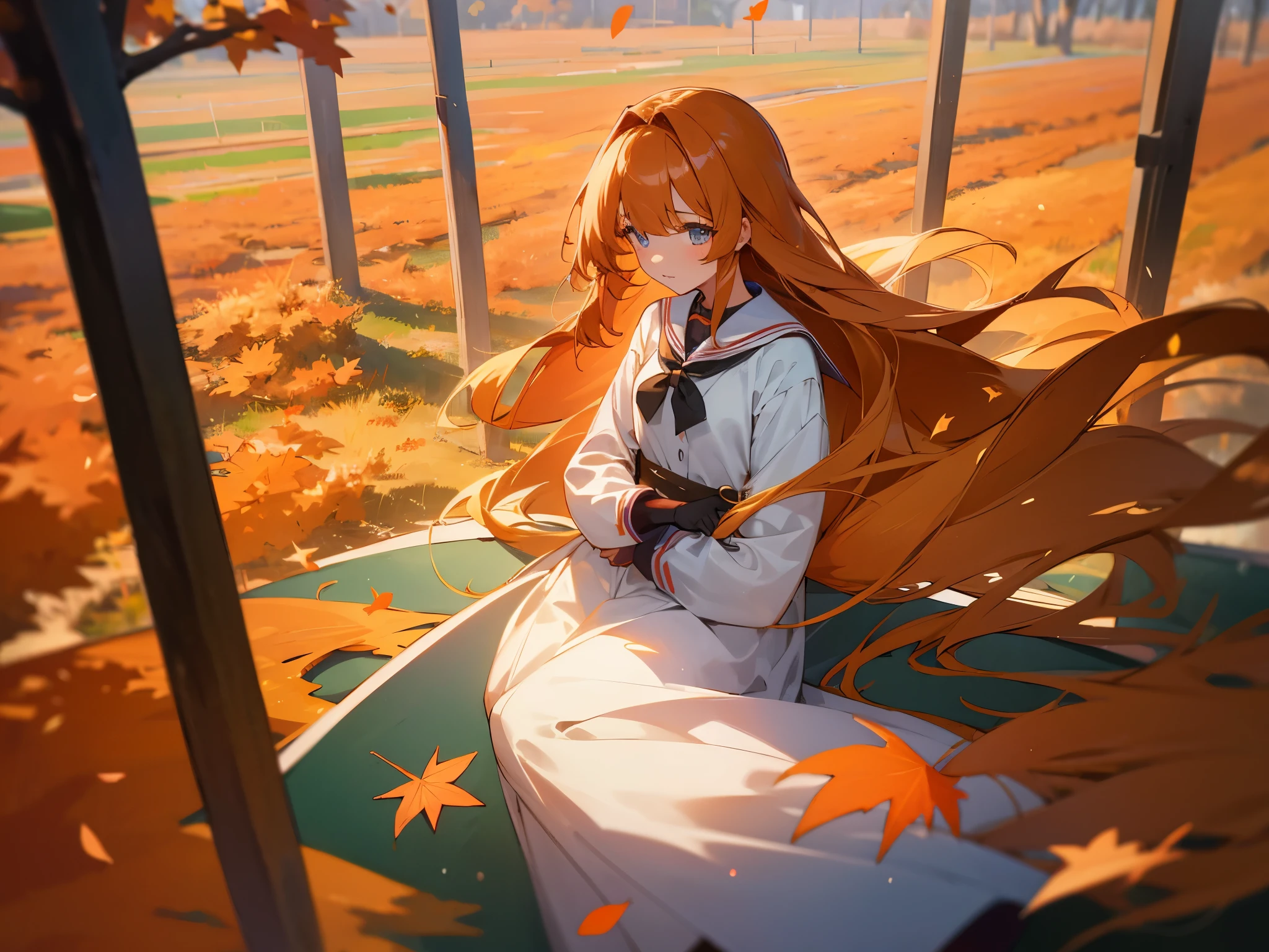 1 anime girl with long hair, beautiful eyes, masterpiece, high res, ultrasharp and 8K qualities. autumn-themed school settings, perhaps with falling leaves in the background. Warm, autumn colors