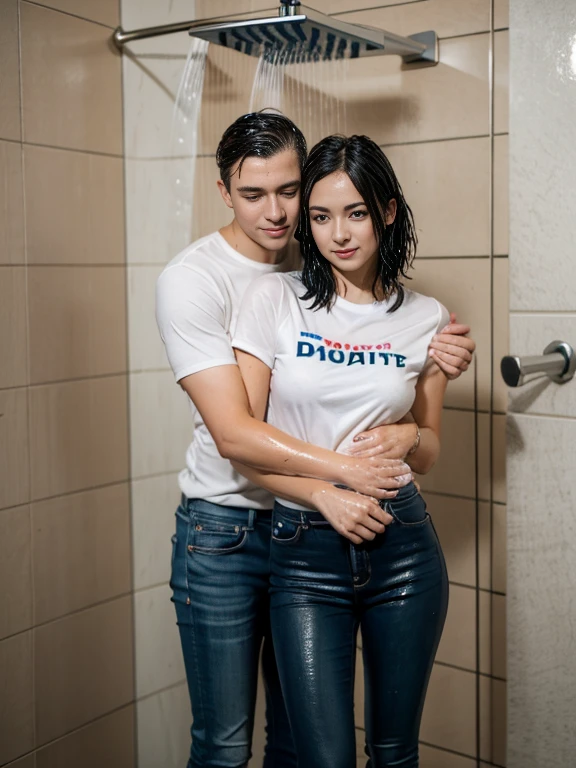 (((young man and woman taking a shower))), skinny jeans, (Water-soaked clothing:1.17), (Best Quality,high resolution,bokeh:1.2),Pronounced wrinkles,Bob haircut,Detailed eyes and face, tshirt, (standing:1.0),(gloomy ecstasy:1.1), Posing, standing in a shower SoakingWetClothes, black Dark Marten boots, show boots, jeans are wrinkled from wetness, ((hugging))