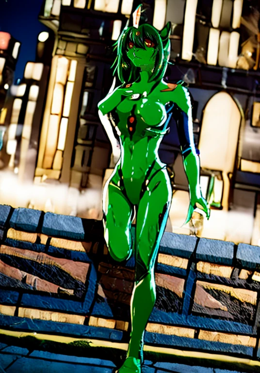 8k,Full body photo+ woman snake with green scaly skin like Spiderman green outfit with scales,tight tight,red eyes,green hair with lizo ,XL size bust,well drawn hand,Anime style,Unreal Engine 5,Max resolution+quality+sharpness,lots of detail,viewer smile,Background:New York City Park