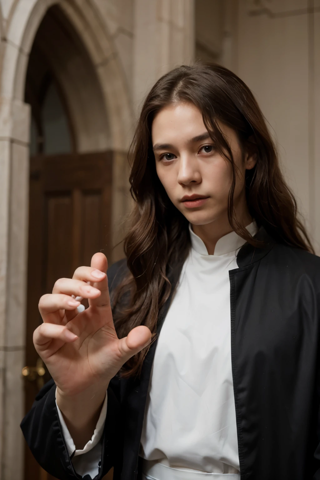ArkhangeL with long red curly hair and blue eyes and a priest black cassock with a Korean Bo on his hand