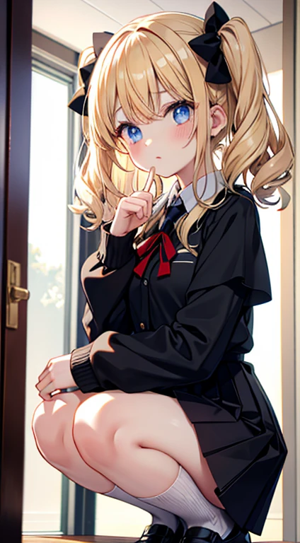 1girl, (Cute white underwear, Squatting panchira : 1.2) BREAK black school uniform, blonde curly hair, hair bow, worried, look at viewer, from below