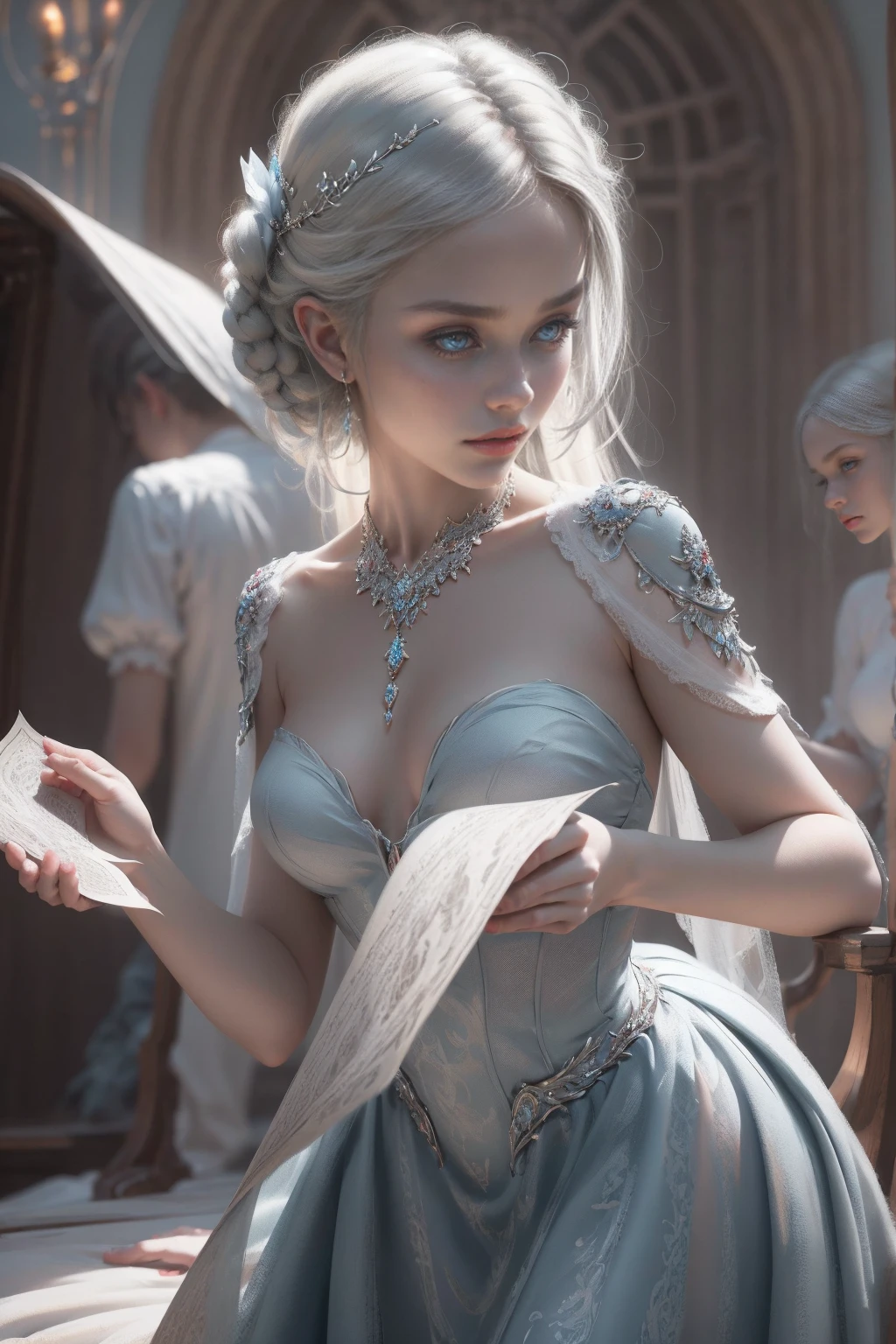 { - erro de anatomia}(Masterpiece - Ultra-Detailed, High Resolution) Prepare to be enchanted by a true masterpiece that combines ultra-detailed art with high-resolution rendering. This work shows a mesmerizing girl with long blonde hair (1.3) and captivating gray eyes (1.2), emanating an aura of elegance and mystery. The intricate details and realistic textures invite you to explore every aspect of this enchanting composition. Girl wearing classic Victorian costumes. Light blue dress. Red lips. Dancing lightly. Get ready to dive into a world where beauty and craftsmanship merge perfectly.