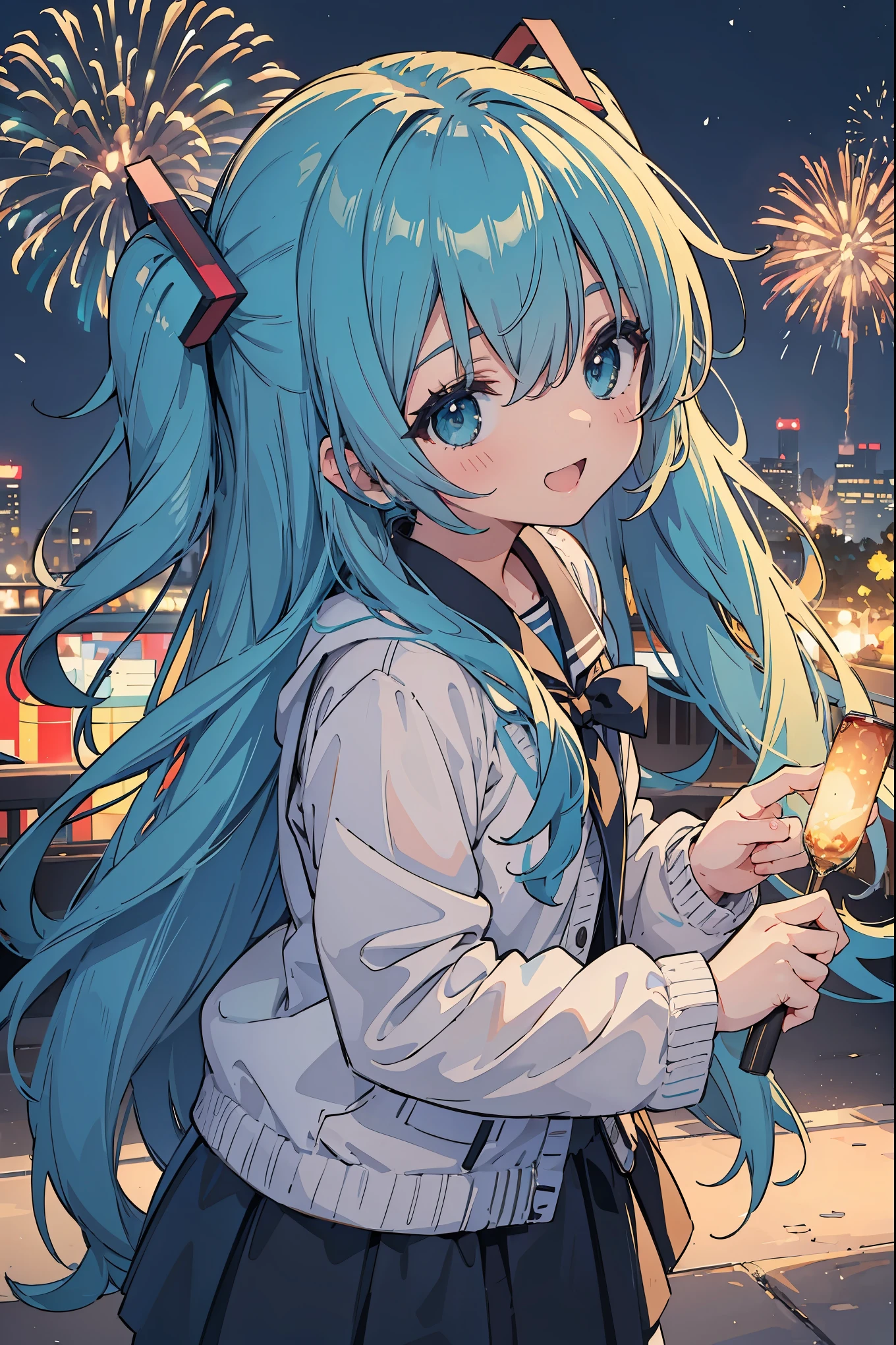 Square, year-end countdown, fireworks event, Hatsune Miku, smile, laugh