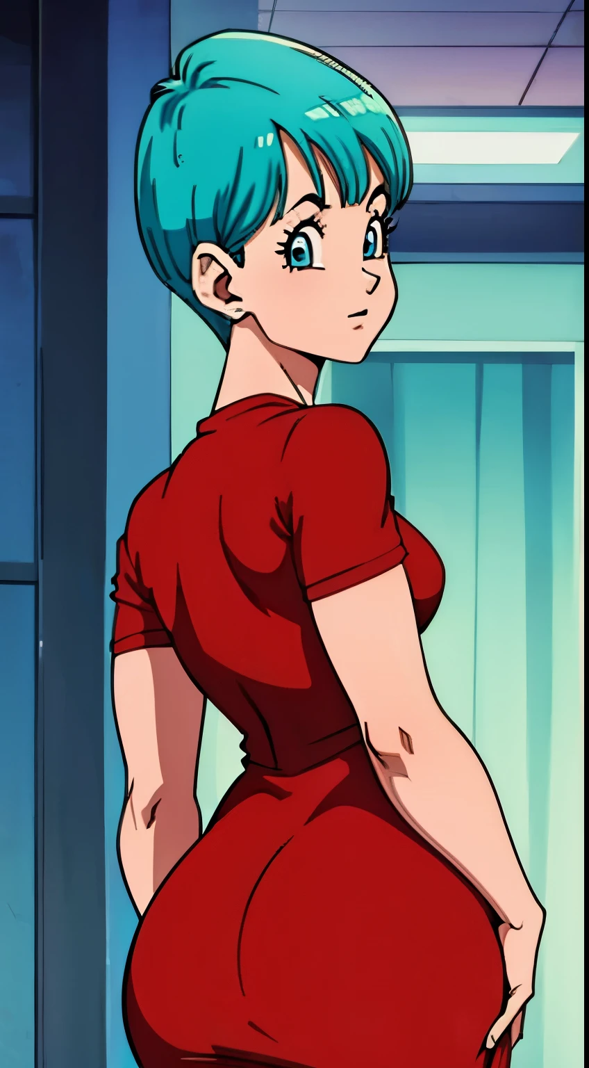 Bulma exibindo sua grande bunda usando vestido vermelho curto, bunda marcando no vestido,(back pose),